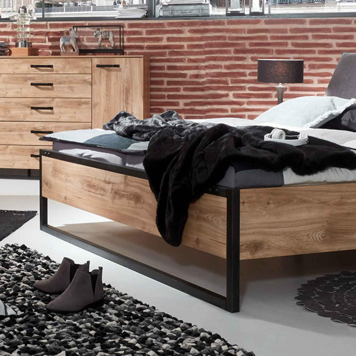 BETT 180/200 cm  in Graphitfarben, Eichefarben  - Eichefarben/Graphitfarben, Basics (180/200cm) - MID.YOU