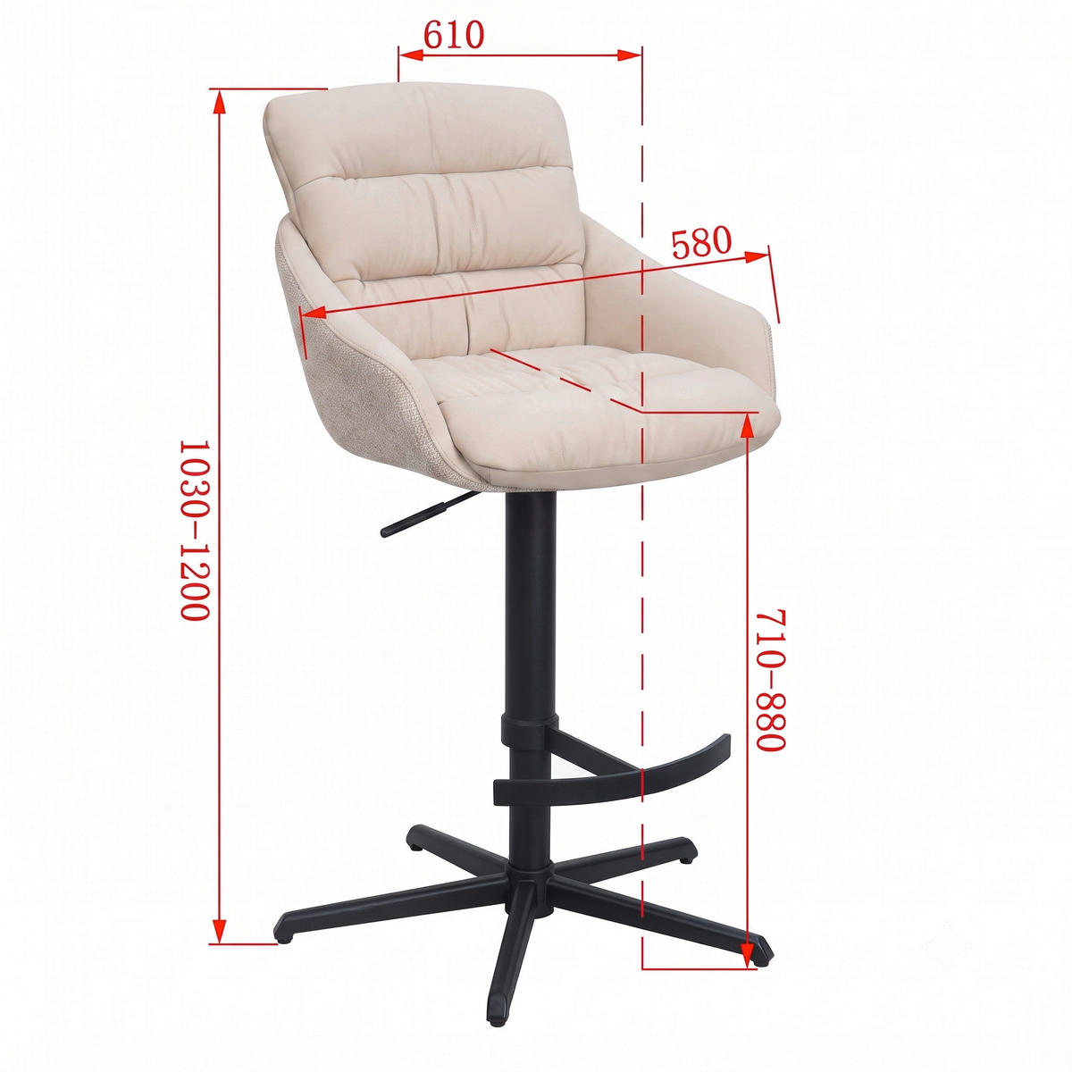 BARHOCKER Webstoff Echtleder Beige Stahl Sitzfläche 360° drehbar, inklusive Armlehnen, automatische Rückholfunktion  - Beige, Design, Leder/Textil (58/103/120/61cm) - Dieter Knoll