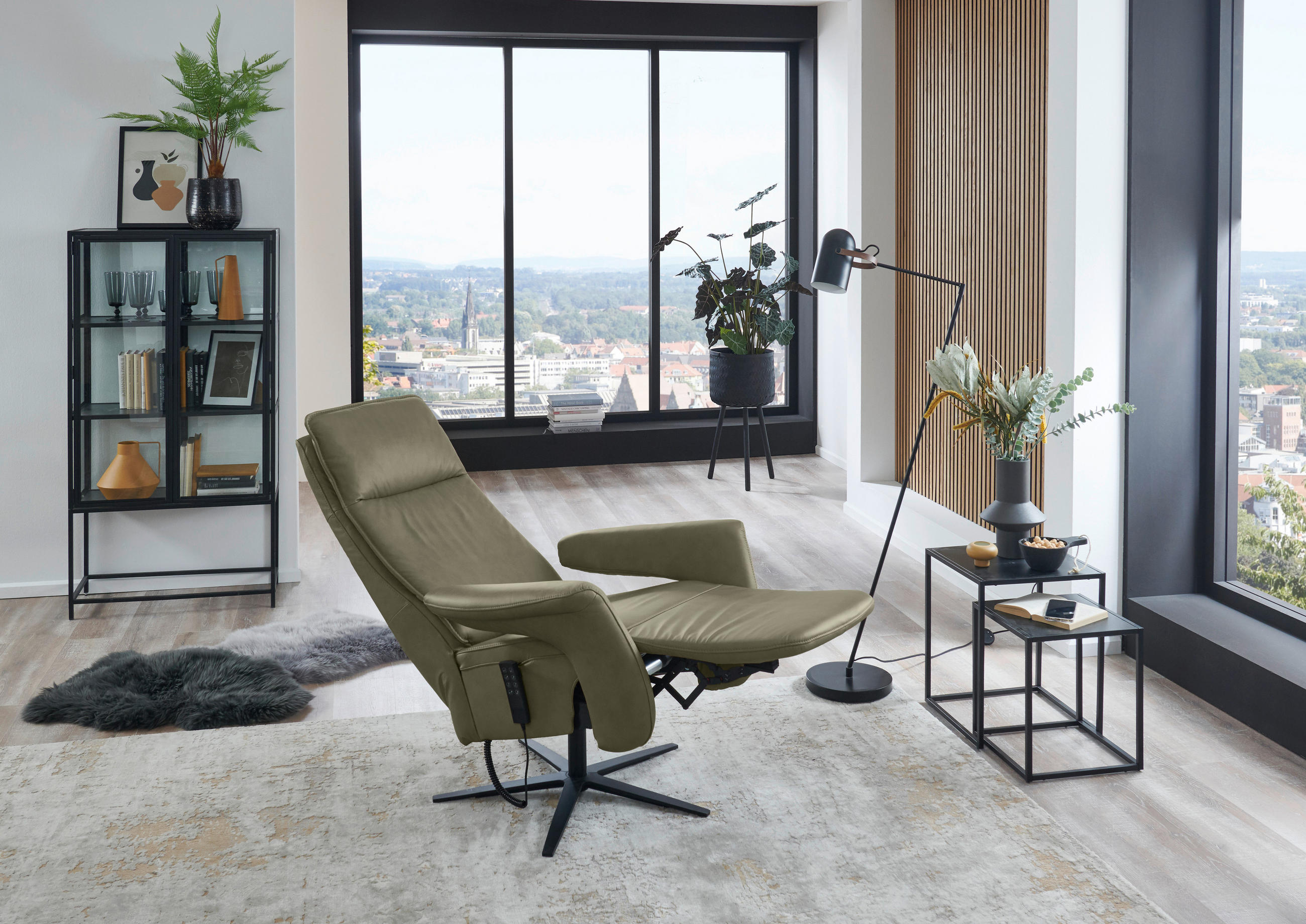 RELAXSESSEL in Leder Grün, Grau  - Schwarz/Grau, Design, Leder/Metall (83/123/87cm) - Valdera