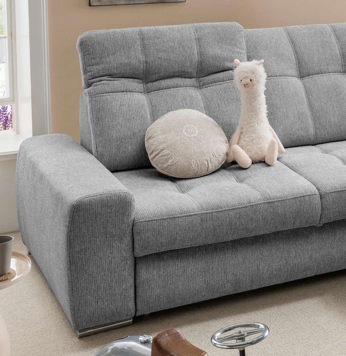ECKSOFA FRIDO Dunkelgrau Chenille Schlaffunktion, Kopfteilverstellung, Stauraum, Sitztiefenverstellung  - Chromfarben/Dunkelgrau, KONVENTIONELL, Textil/Metall (283/186cm) - Livetastic