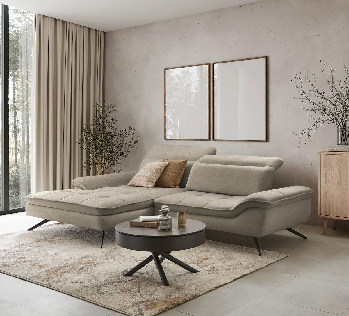 ECKSOFA in Webstoff Beige  179-202/288 cm  - Beige/Schwarz, Design, Textil/Metall (179-202/288cm) - Stylife