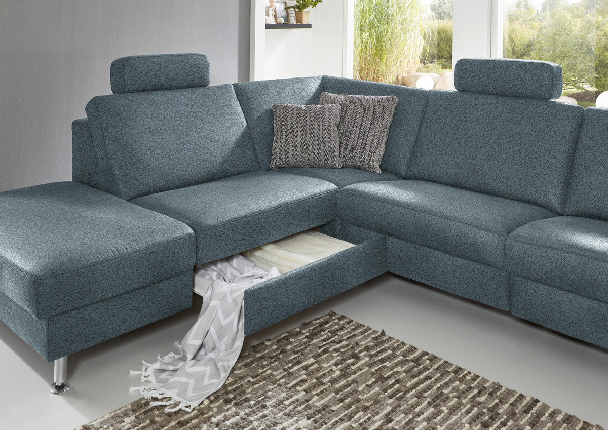 ECKSOFA in Mikrofaser Blau  - Blau/Alufarben, Design, Textil/Metall (242/275cm) - Dieter Knoll