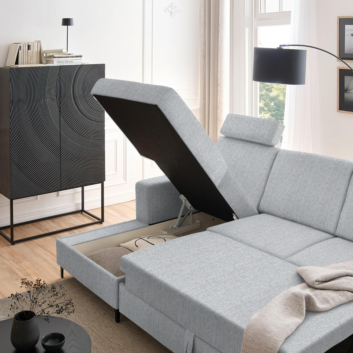 ECKSOFA in Webstoff Grau, Hellgrau  - Hellgrau/Schwarz, Konventionell, Textil/Metall (167/247cm) - Stylife