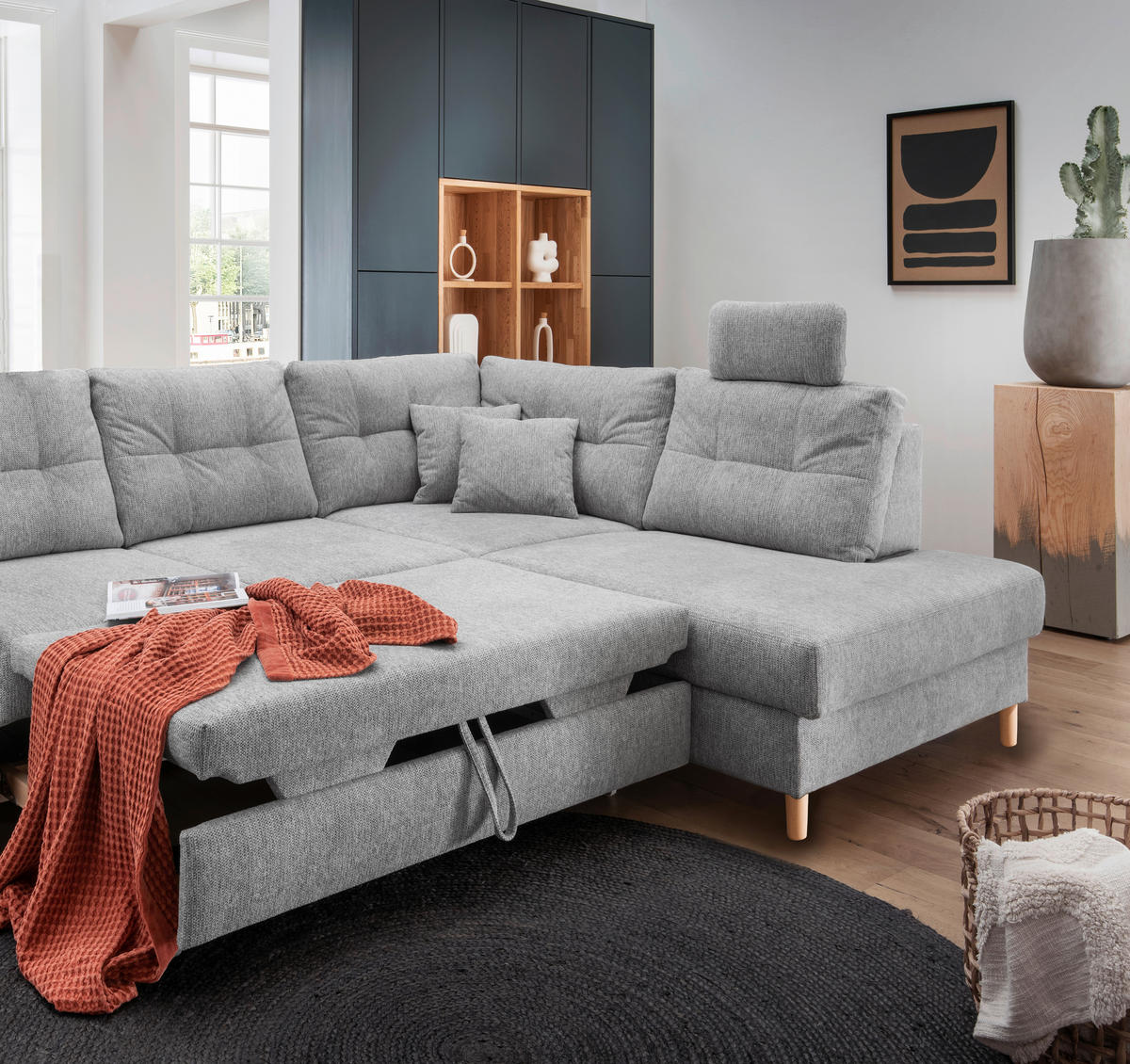 ECKSOFA in Chenille Silberfarben  - Silberfarben/Naturfarben, Modern, Holz/Textil (264/206cm) - Livetastic