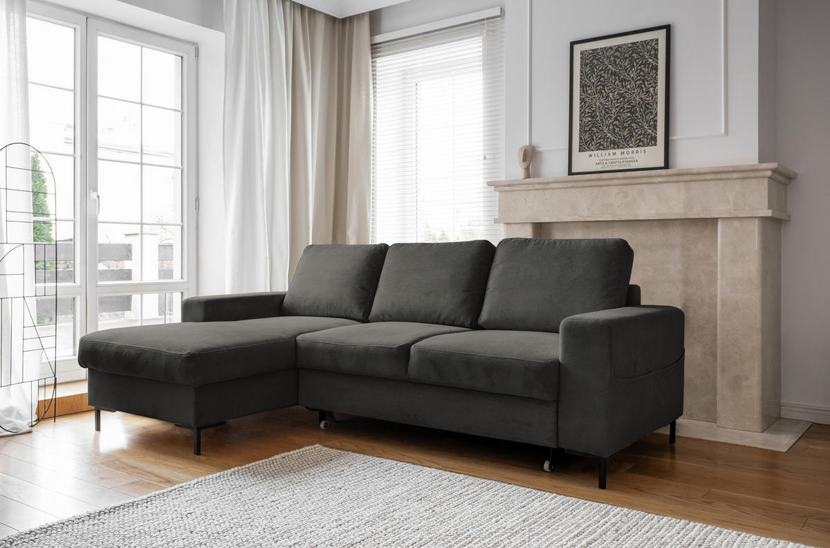 ECKSOFA Grau Cord  - Schwarz/Grau, MODERN, Textil/Metall (148/236cm) - MID.YOU