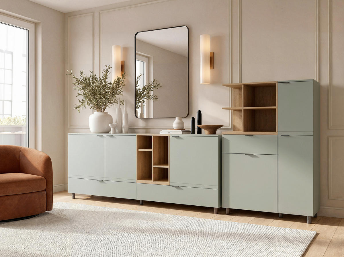 SIDEBOARD Eichefarben, Salbeigrün  210,4/89,4/42 cm  - Eichefarben/Salbeigrün, Modern, Holzwerkstoff/Metall (210,4/89,4/42cm) - Carryhome