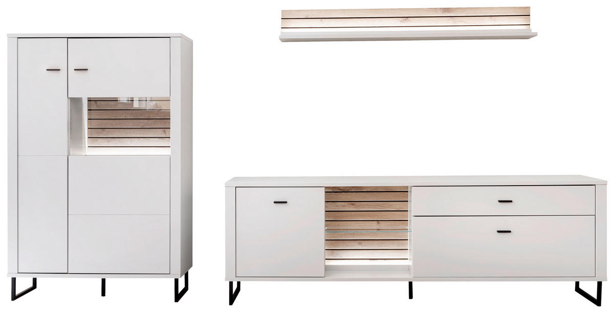WOHNWAND  in Weiss, Eichefarben 326/152/44 cm  - Weiss/Eichefarben, Design, Glas/Holzwerkstoff (326/152/44cm) - Stylife