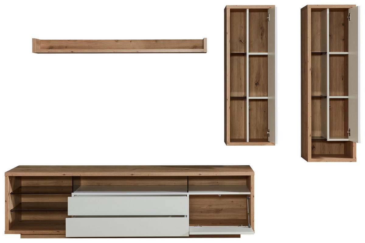 WOHNWAND  in Weiss, Eiche Artisan 300/183,6/42 cm  - Weiss/Eiche Artisan, Design, Glas/Holzwerkstoff (300/183,6/42cm) - Stylife