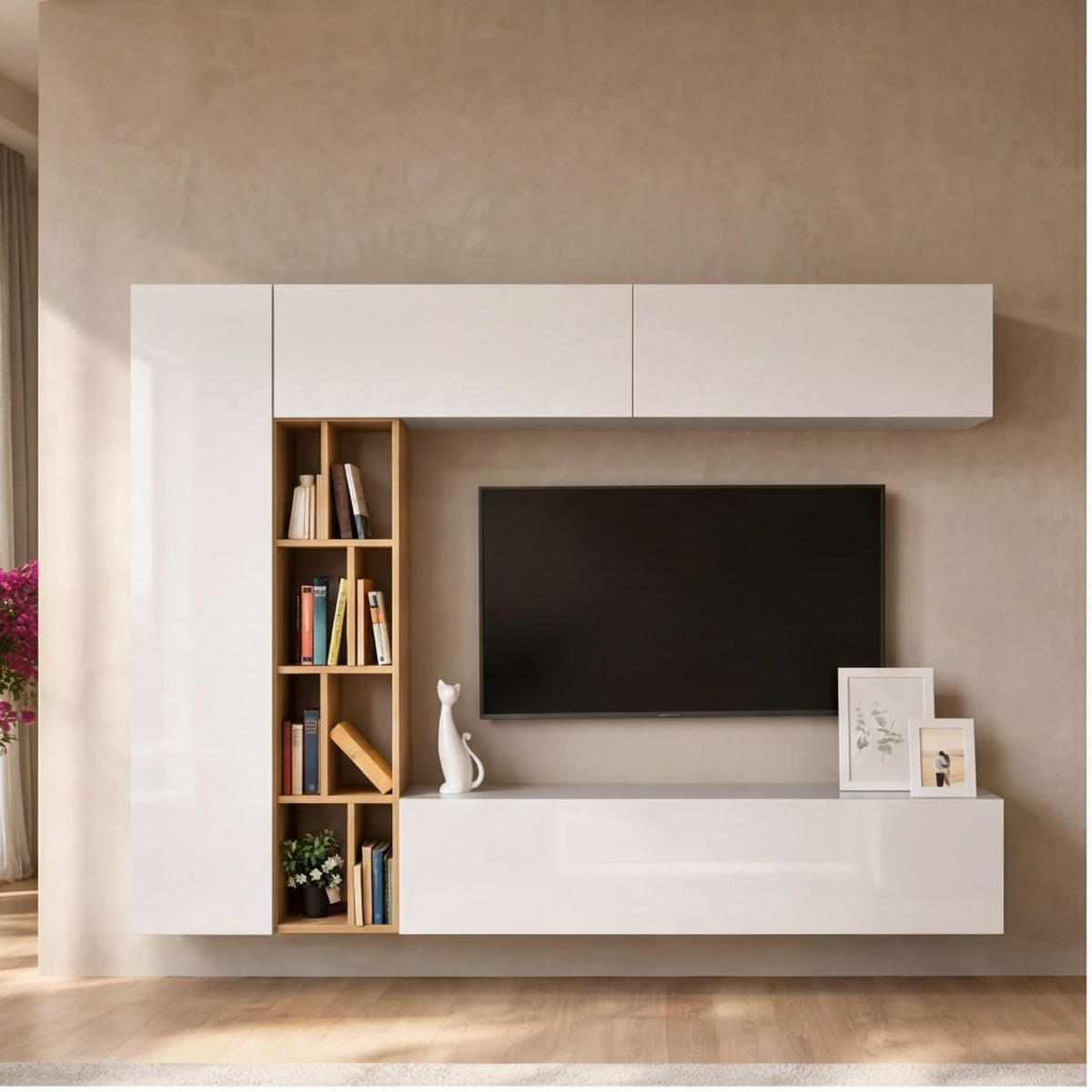 DNEVNI REGAL,  hrast sonoma, bela, visoki sijaj  - bela/hrast sonoma, Moderno, leseni material (224/160/35cm) - Ti'me