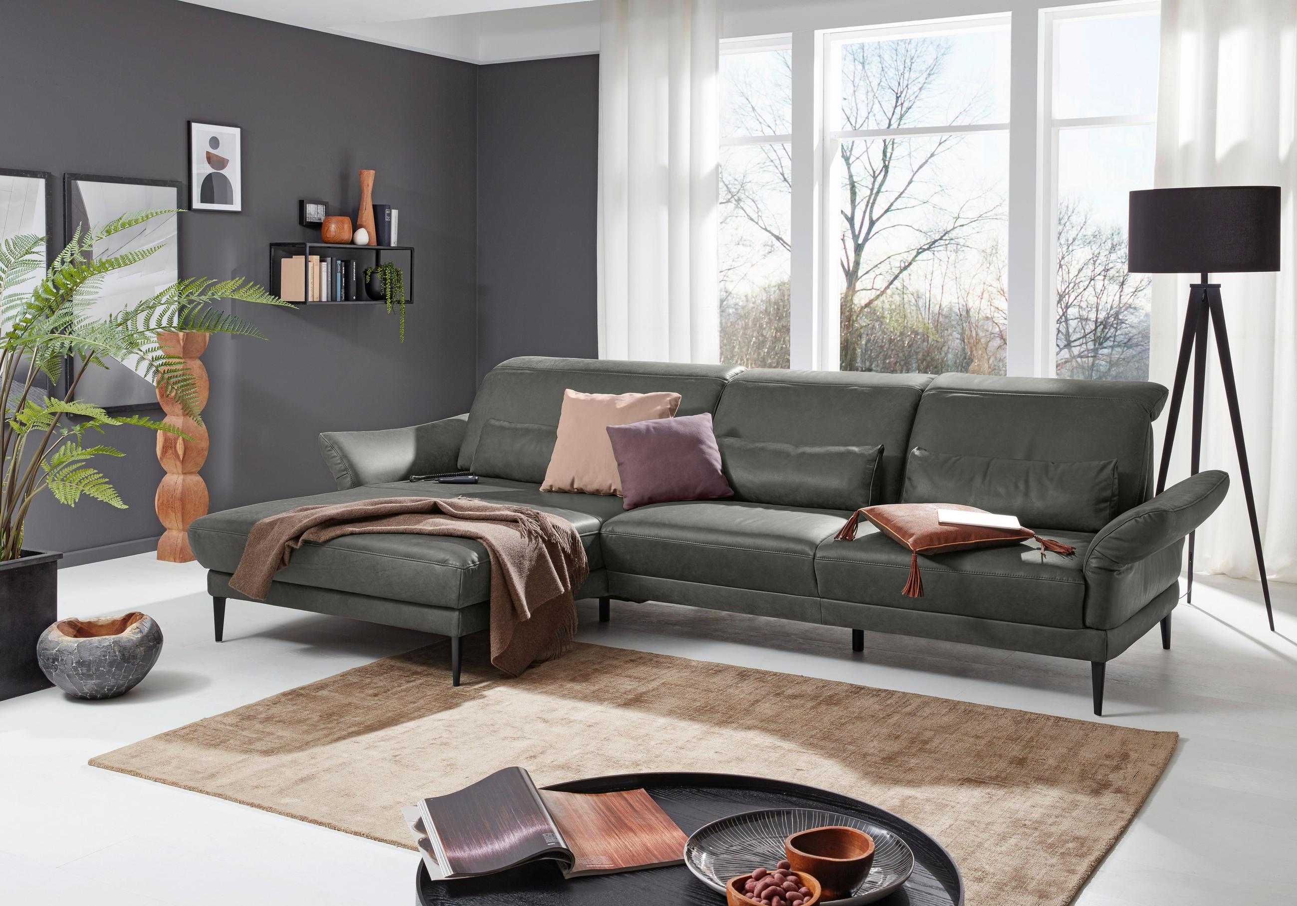ECKSOFA Dunkelgrau Echtleder - Dunkelgrau/Schwarz, Design, Leder/Metall (193/312cm) - Musterring