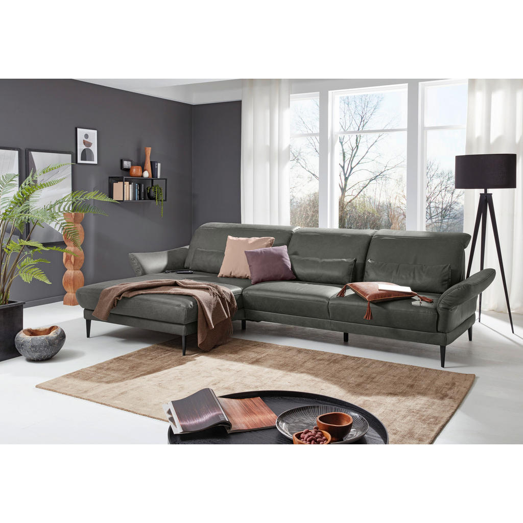 Thumbnail - Musterring Ecksofa MR 1350, Dunkelgrau, Leder, Echtleder, Rindleder, 3-Sitzer, Ottomane links, L-Form, 312x193 cm, Golde...