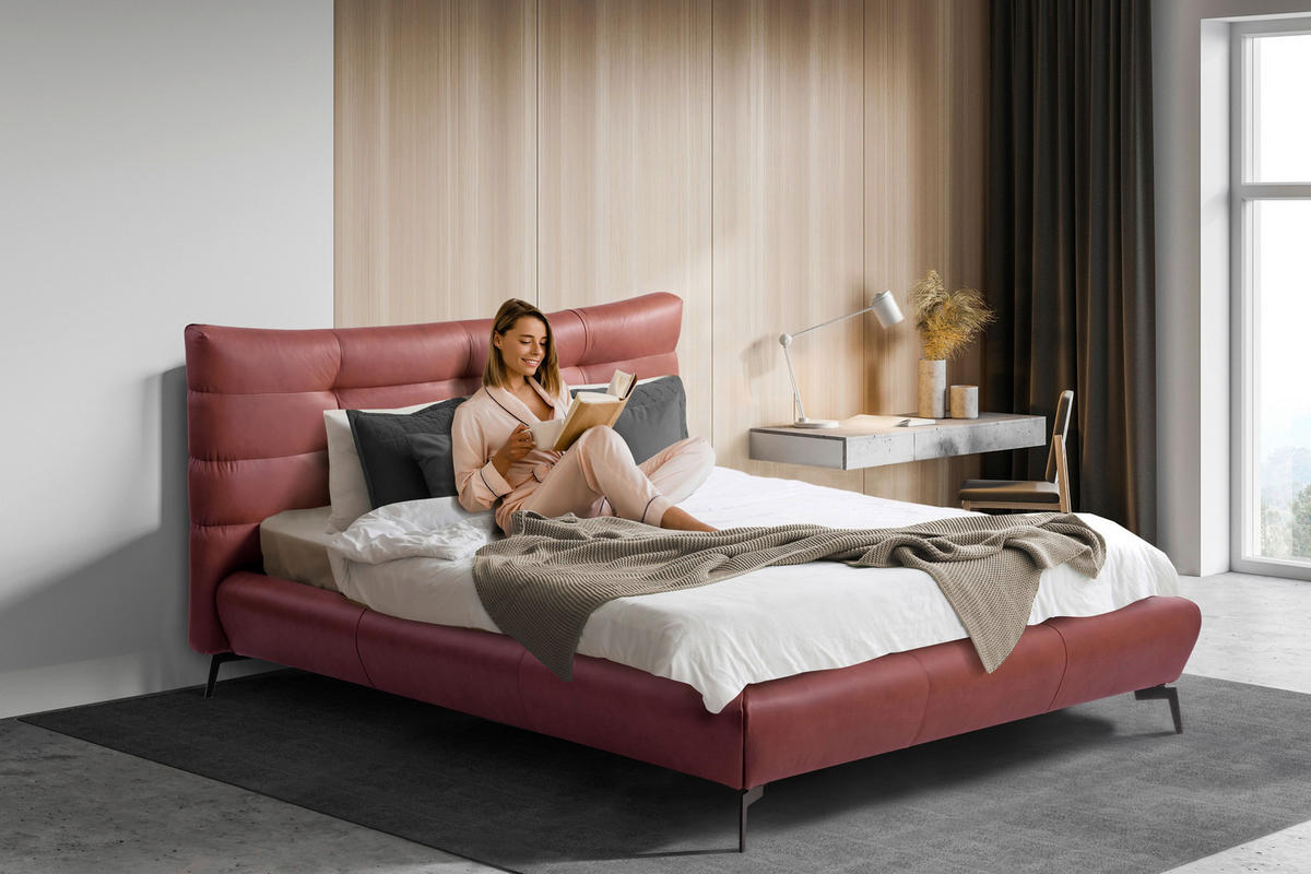 POLSTERBETT gepolstertes Kopfteil Kirschrot 180/200 cm  - Schwarz/Kirschrot, Design, Leder/Metall (180/200cm) - Esposa