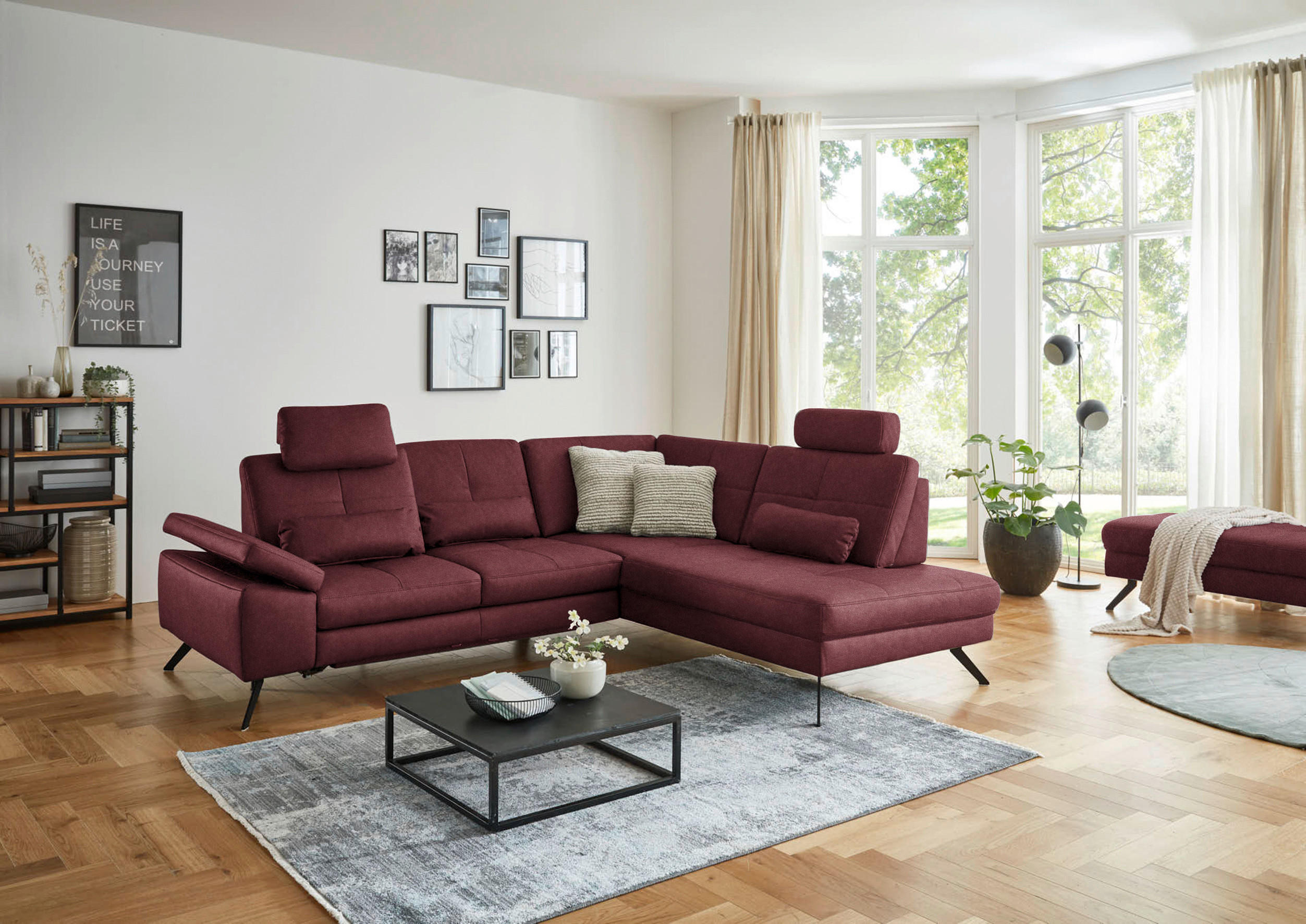 ECKSOFA in Lederlook, Mikrofaser Bordeaux  - Bordeaux/Schwarz, Design, Textil/Metall (261/220cm) - Beldomo System