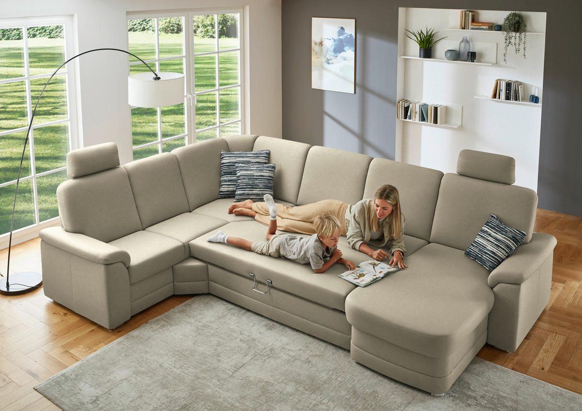 WOHNLANDSCHAFT  in Chenille Sandfarben  - Sandfarben/Alufarben, KONVENTIONELL, Holz/Textil (235/329/160cm) - Beldomo Comfort
