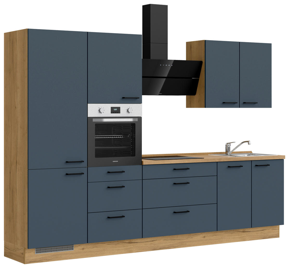 KÜCHENBLOCK Easytouch 300 cm  in Eichefarben, Dunkelblau  - Eichefarben/Schwarz, MODERN, Holzwerkstoff/Metall (300cm) - Nobilia