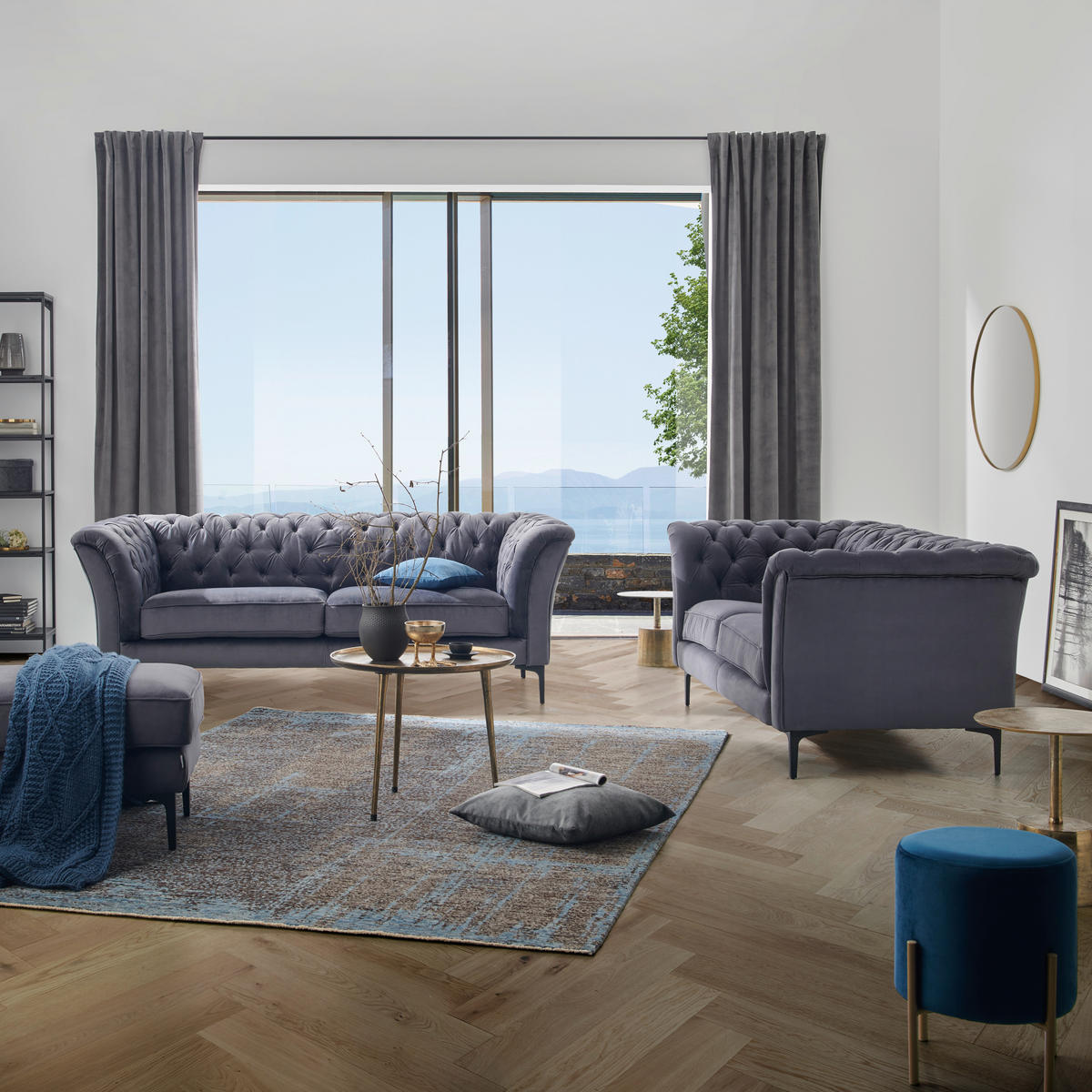 CHESTERFIELD-SOFA in Flachgewebe Anthrazit  - Anthrazit/Schwarz, Lifestyle, Textil/Metall (220/80/100cm) - Landscape