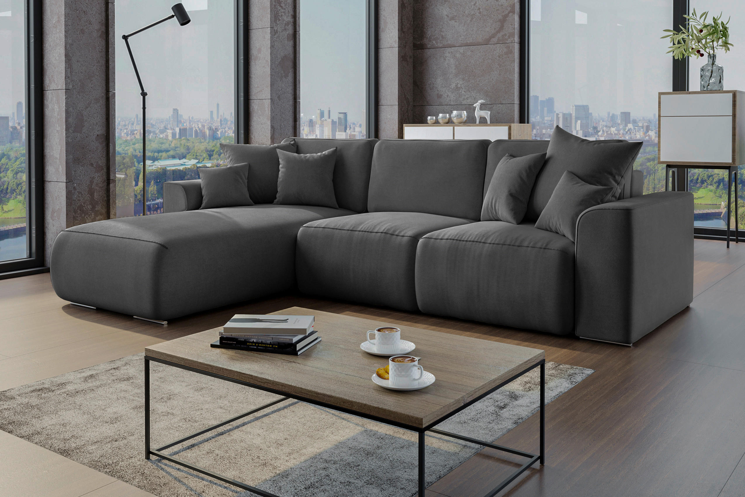 ECKSOFA Dunkelgrau Velours  - Chromfarben/Dunkelgrau, KONVENTIONELL, Kunststoff/Textil (195/293cm) - Carryhome