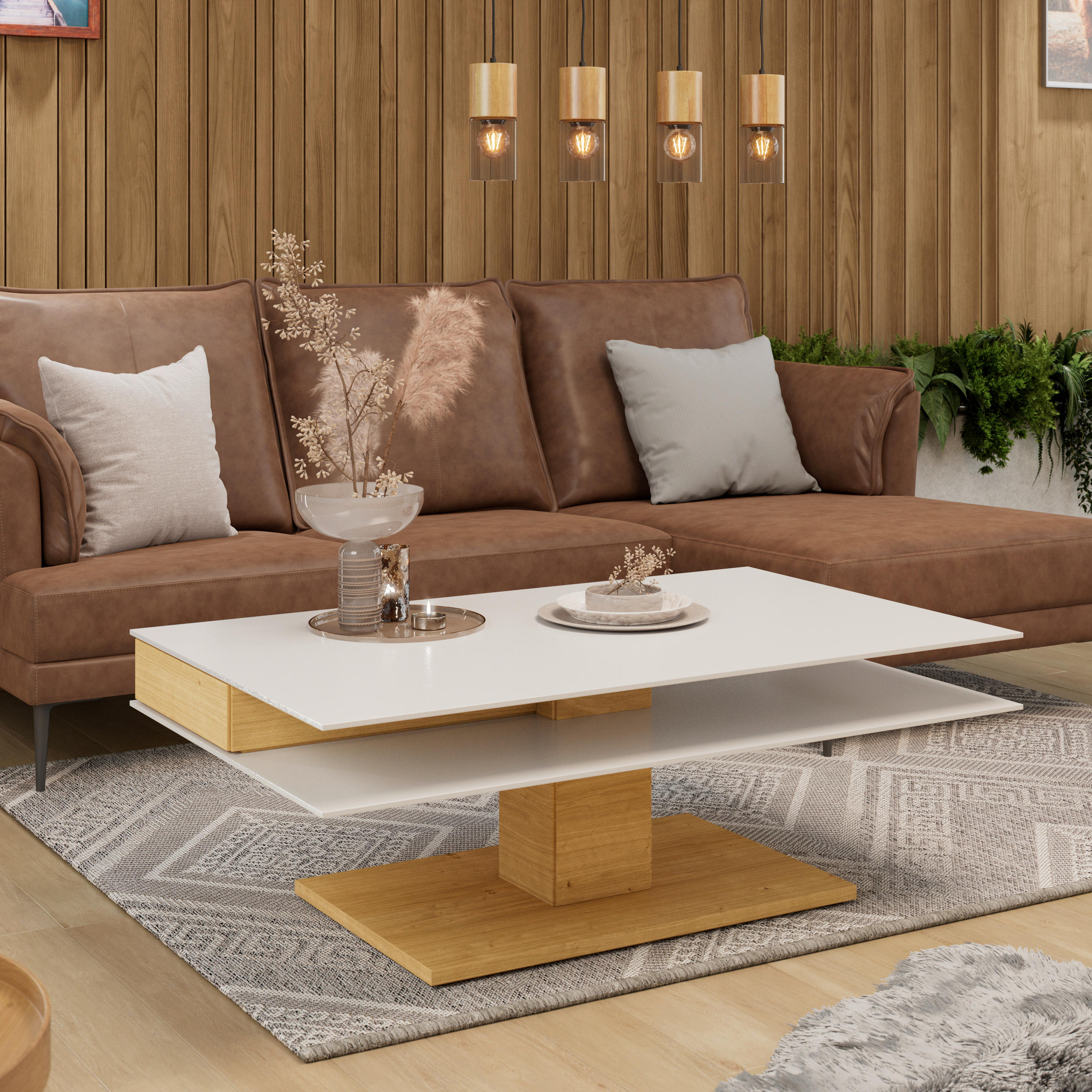 COUCHTISCH in Holz, Glas, Holzwerkstoff 120/75/43 cm  - Weiss/Eichefarben, Design, Glas/Holz (120/75/43cm) - Voglauer