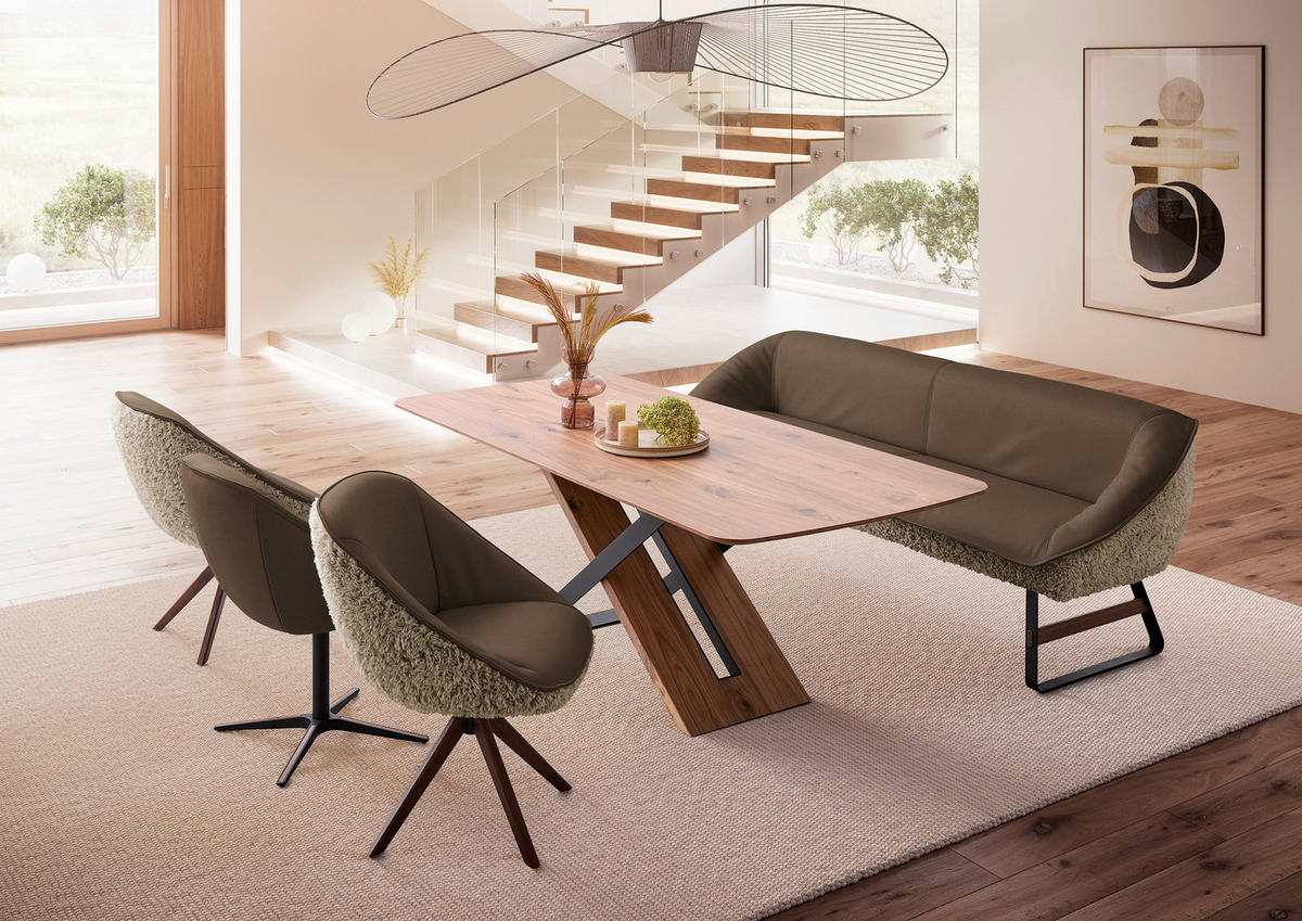 ARMLEHNSTUHL  Beinauswahl, Lederauswahl, Stoffauswahl, inklusive Armlehnen, automatische Rückholfunktion, gepolsterte Armlehnen, Sitzfläche 320° drehbar Hochflor Echtleder  - Nussbaumfarben/Blaugrau, Design, Leder/Holz (61/89/70cm) - Koinor