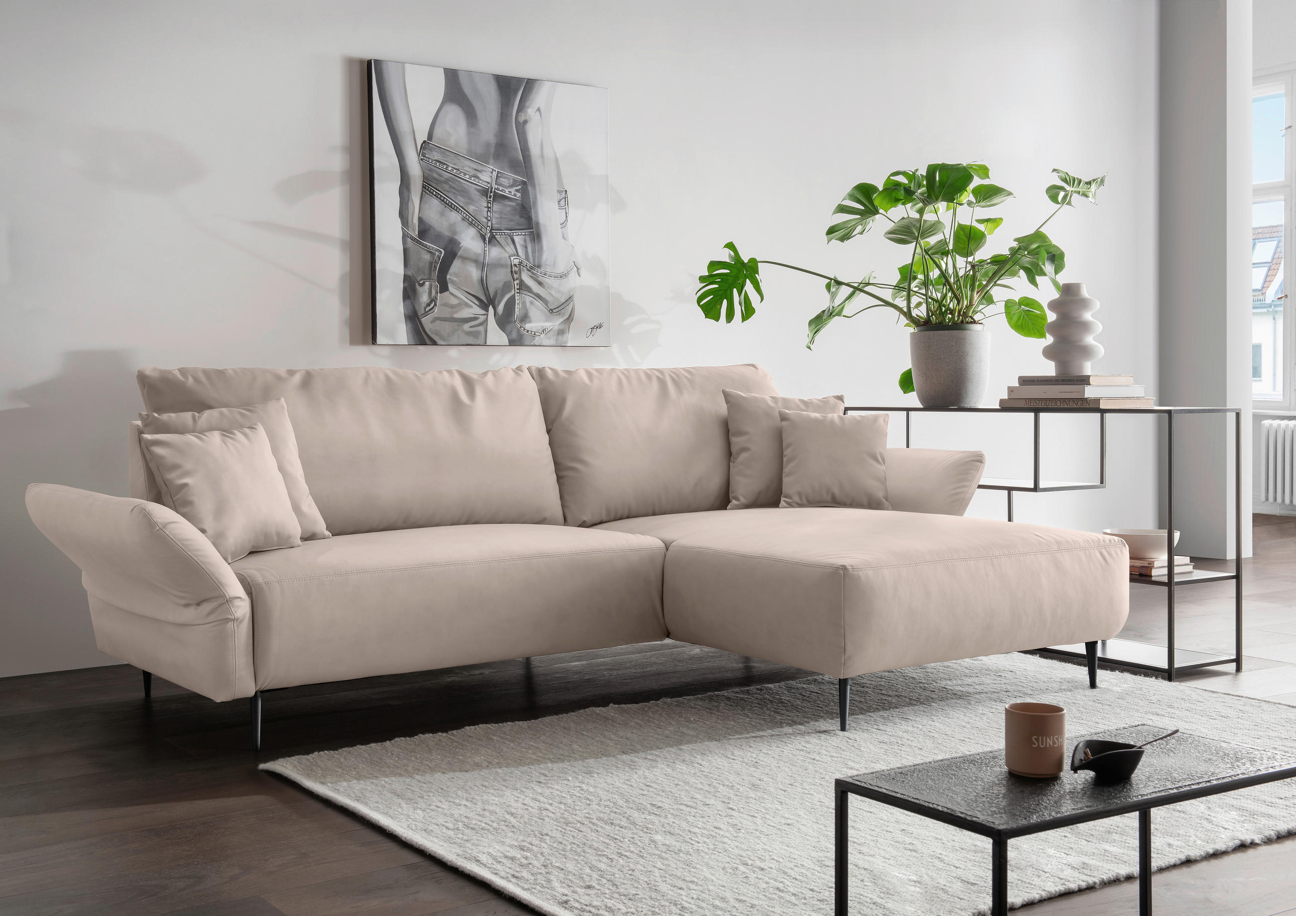 ECKSOFA in Lederlook Beige  178/264-302 cm  - Beige/Schwarz, Design, Textil/Metall (178/264-302cm) - Livetastic