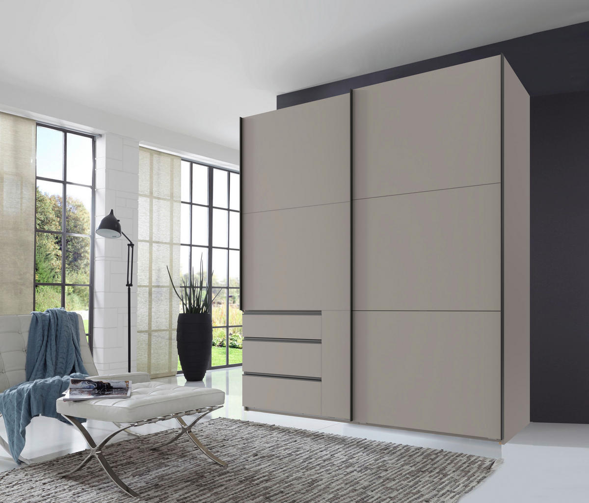 SCHWEBETÜRENSCHRANK  in Grau, Sahara  - Schwarz/Grau, MODERN, Holzwerkstoff/Metall (200/216/65cm) - MID.YOU