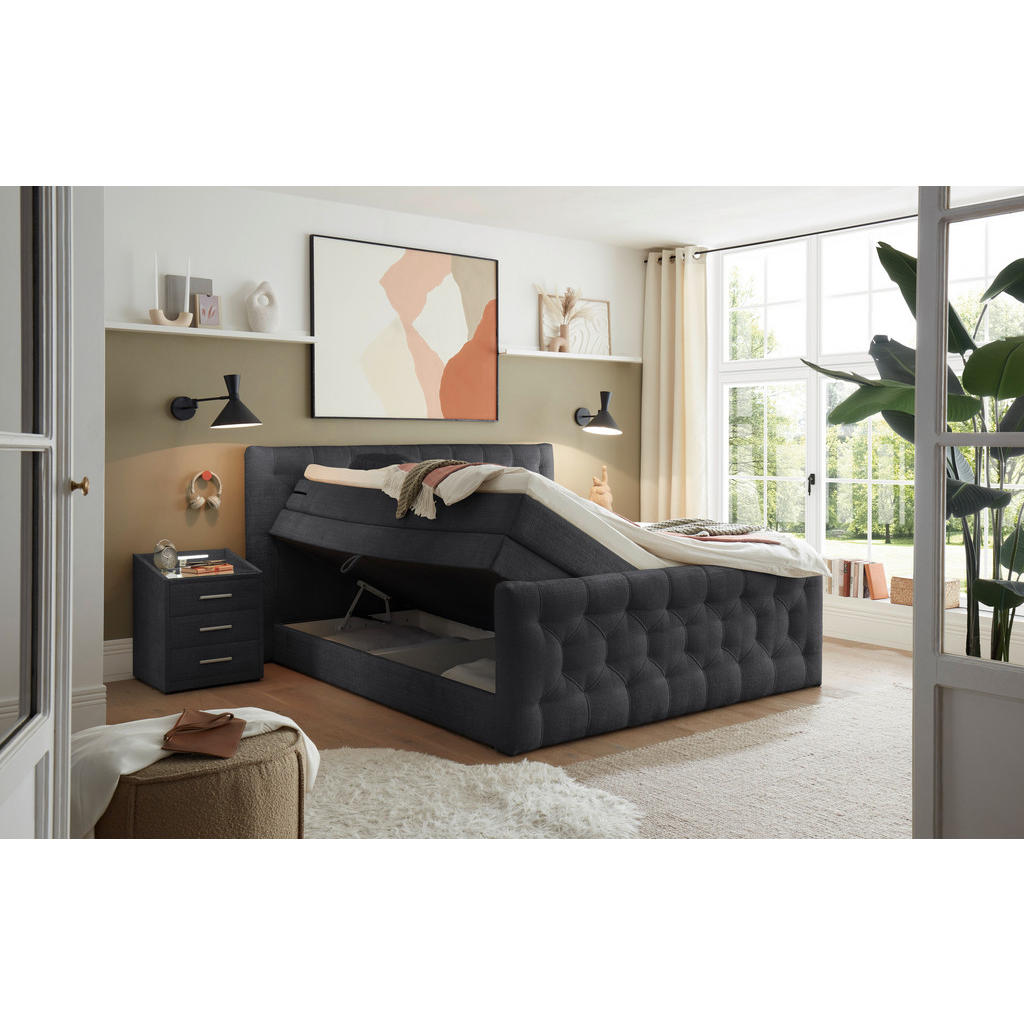 Thumbnail - Mid.you Boxspringbett, Schwarz, Textil, H2, 7-Zonen, Höhe ca. 16 cm, 180x200 cm, Bettkasten, gepolstertes Kopfteil, Topp...