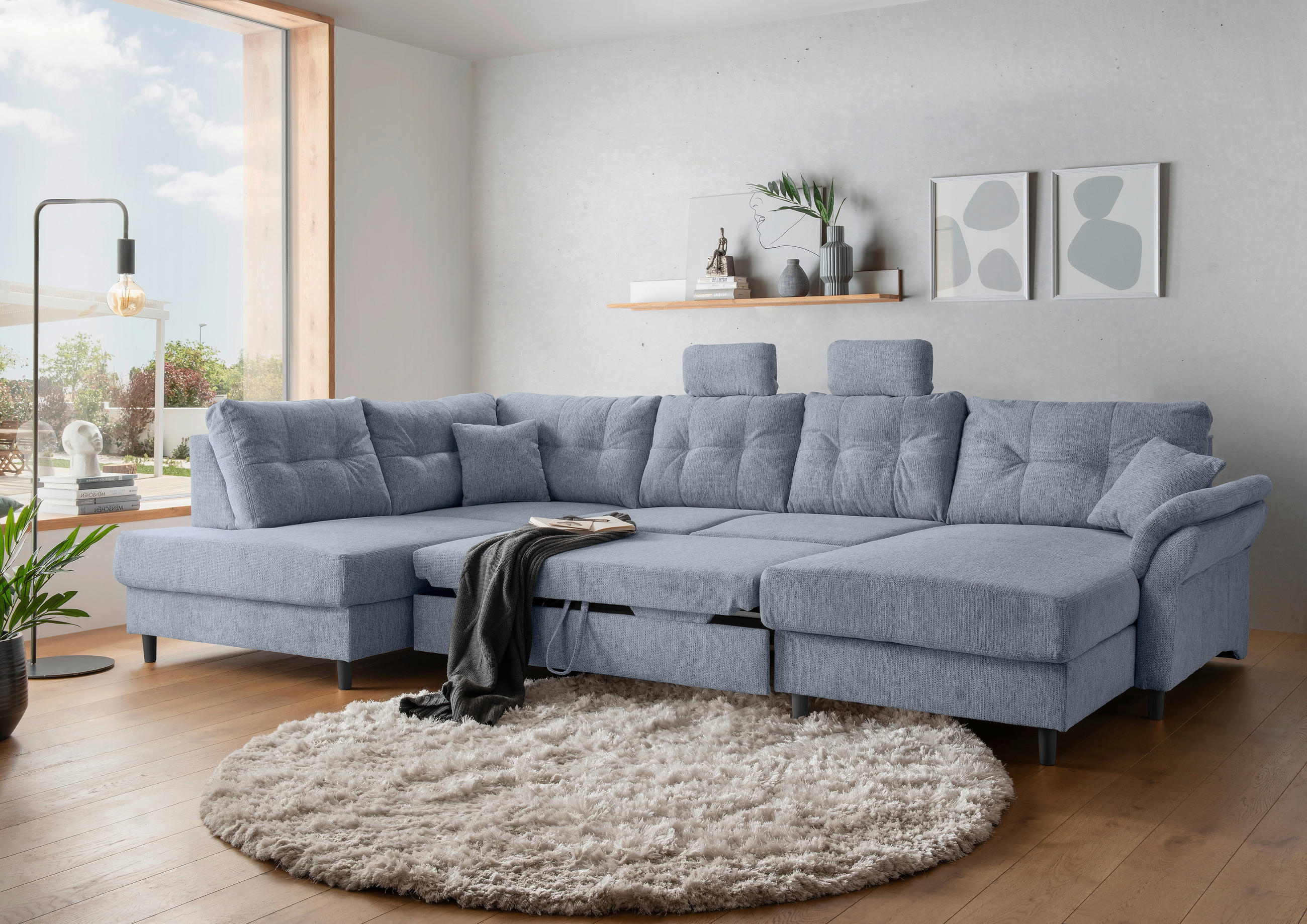 WOHNLANDSCHAFT in Chenille Hellblau  - Schwarz/Hellblau, Modern, Holz/Textil (206/338/176cm) - Livetastic