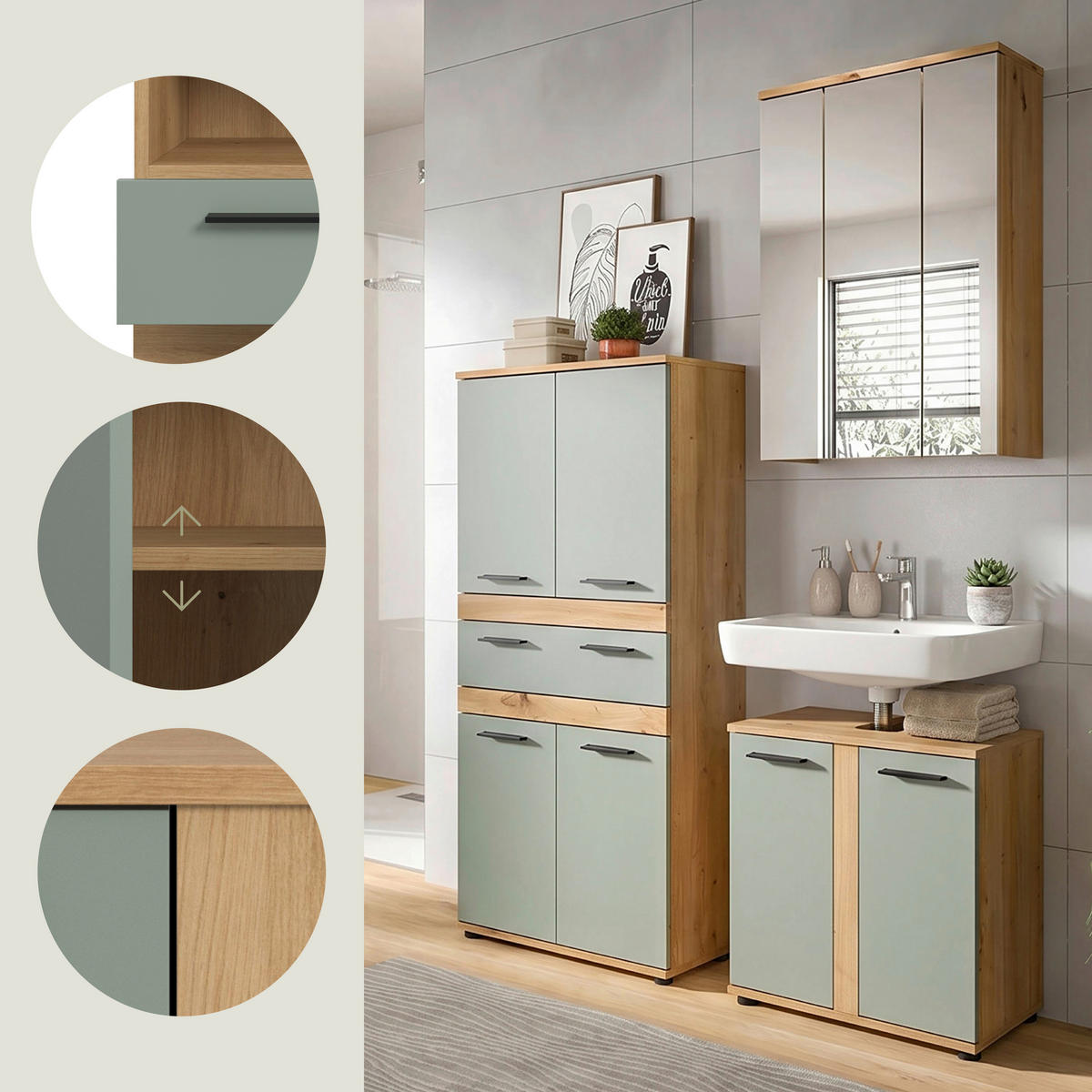 BADEZIMMER 3-teilig  in 145 cm  - Salbeigrün/Schwarz, Trend, Glas/Holzwerkstoff (145cm) - MID.YOU