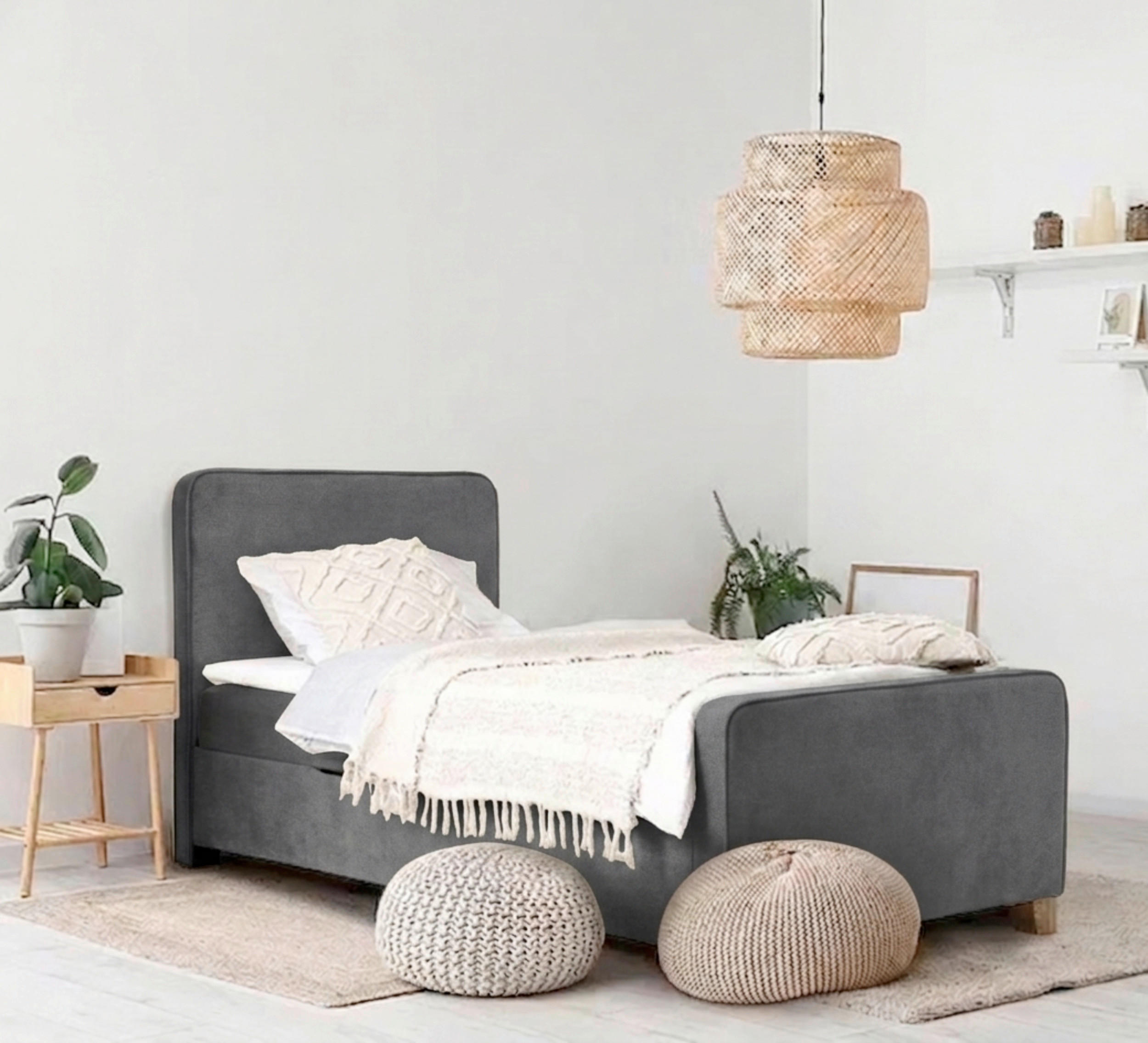BOXBETT 90/200 cm,  in Graphitfarben, Bettkasten, Topper, H3 = fest  - Graphitfarben/Kernbuche, MODERN, Holz/Textil (90/200cm) - MID.YOU