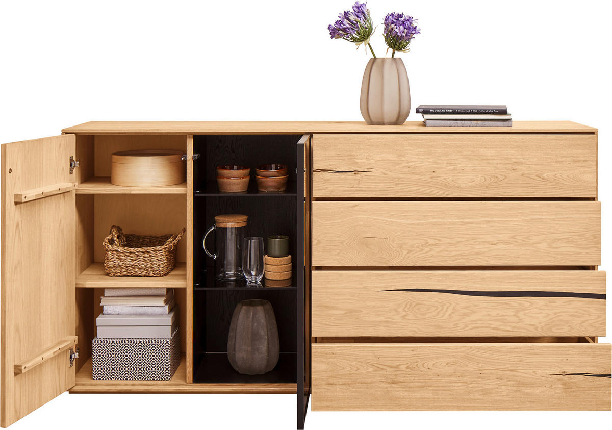 SIDEBOARD  in 176/88/40 cm  - Eichefarben/Schwarz, Natur, Glas/Holz (176/88/40cm) - Waldwelt