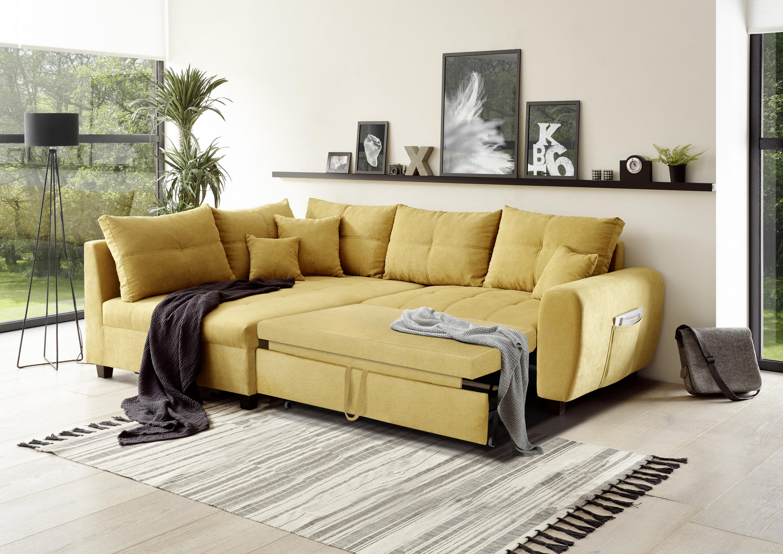 ECKSOFA in Mikrovelours Gelb  - Gelb/Schwarz, Basics, Holzwerkstoff/Kunststoff (176/248cm) - MID.YOU