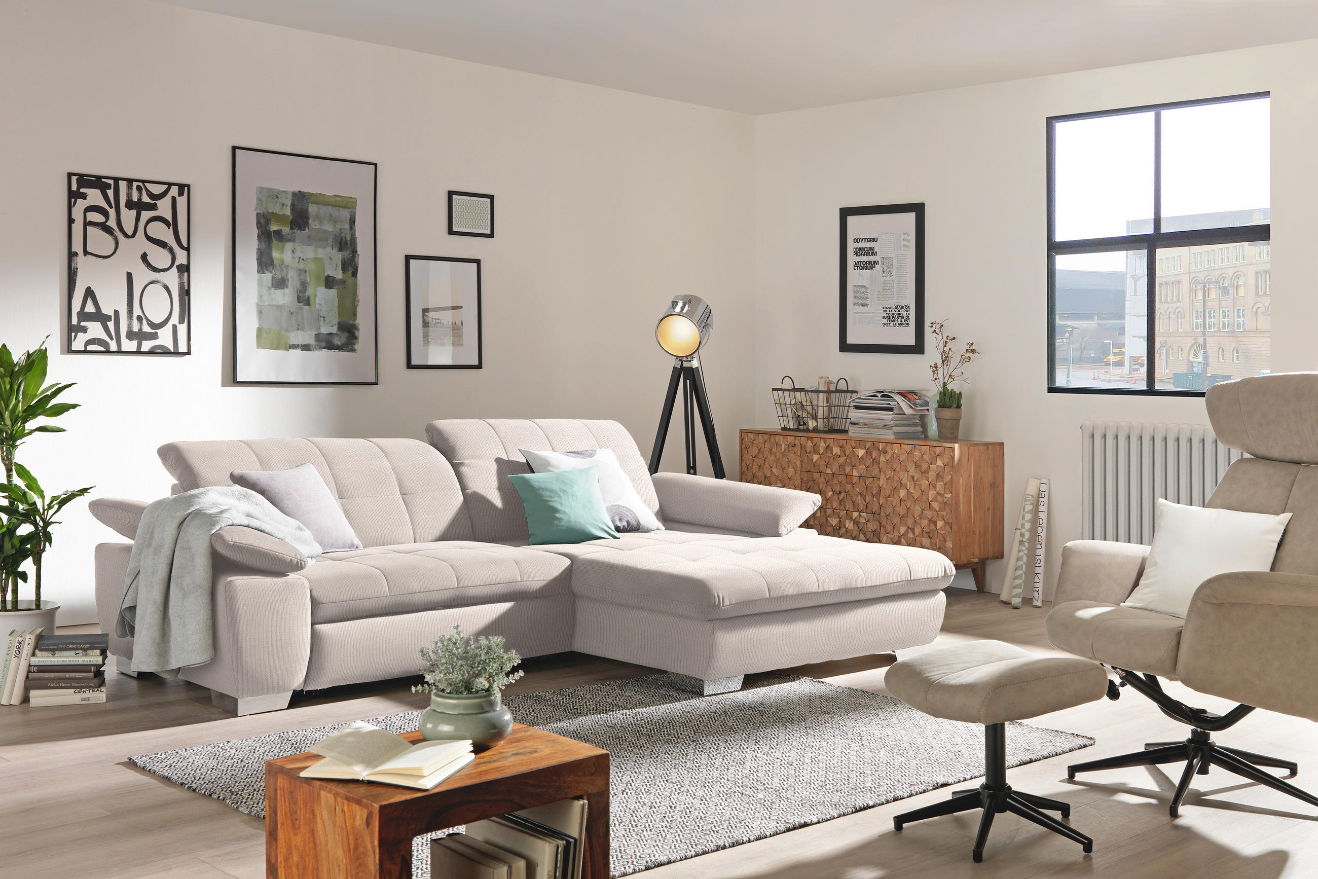 ECKSOFA in Mikrofaser Ecru  - Chromfarben/Ecru, Design, Textil/Metall (265/180cm) - Carryhome