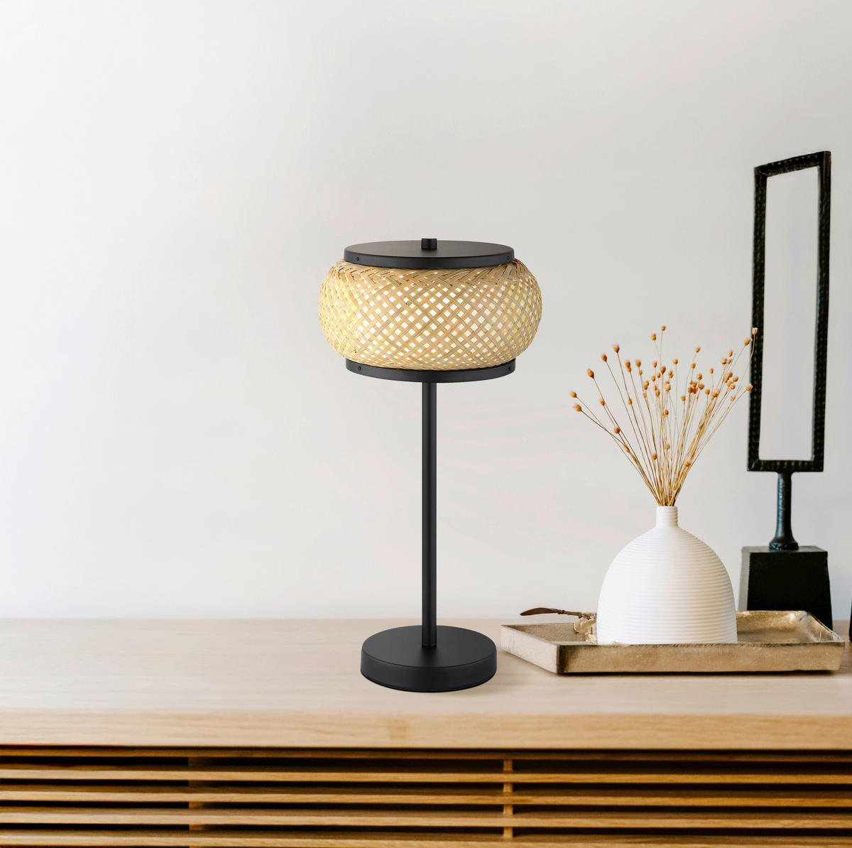 LED-TISCHLEUCHTE 22/46,1 cm   - Schwarz/Naturfarben, Design, Holz/Kunststoff (22/46,1cm) - Globo