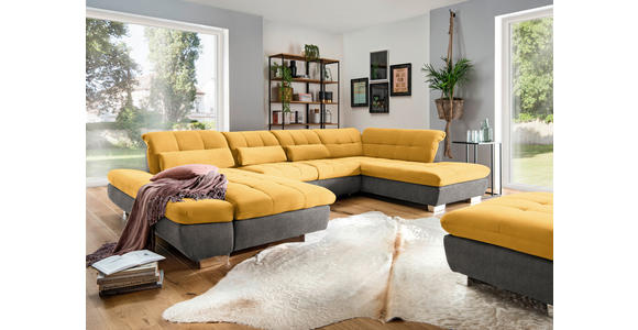 WOHNLANDSCHAFT in Mikrofaser Dunkelgelb, Grau  - Chromfarben/Dunkelgelb, Design, Kunststoff/Textil (204/350/211cm) - Xora