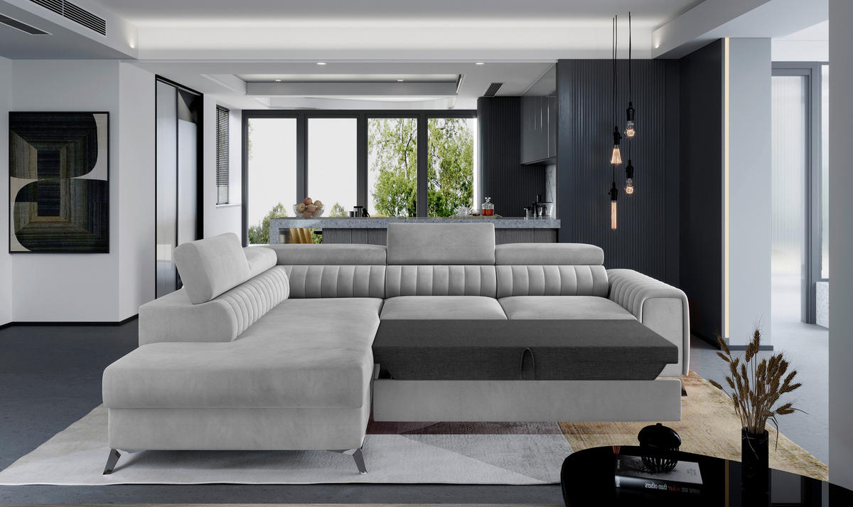ECKSOFA Hellgrau Samt  - Silberfarben/Hellgrau, Design, Textil/Metall (205/278cm) - MID.YOU
