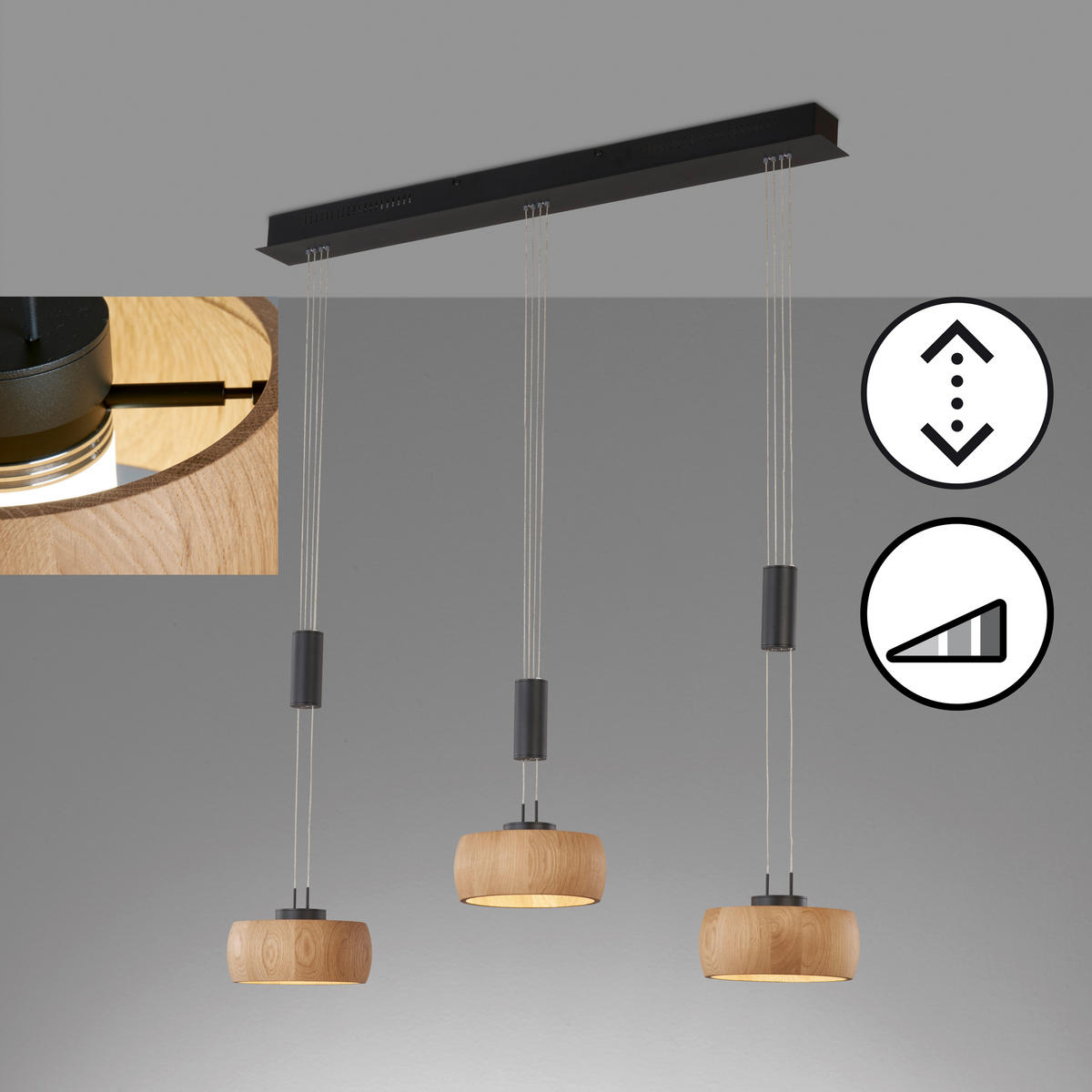 LED-HÄNGELEUCHTE 100/20/150 cm    - Schwarz, Natur, Holz/Metall (100/20/150cm) - Fischer & Honsel