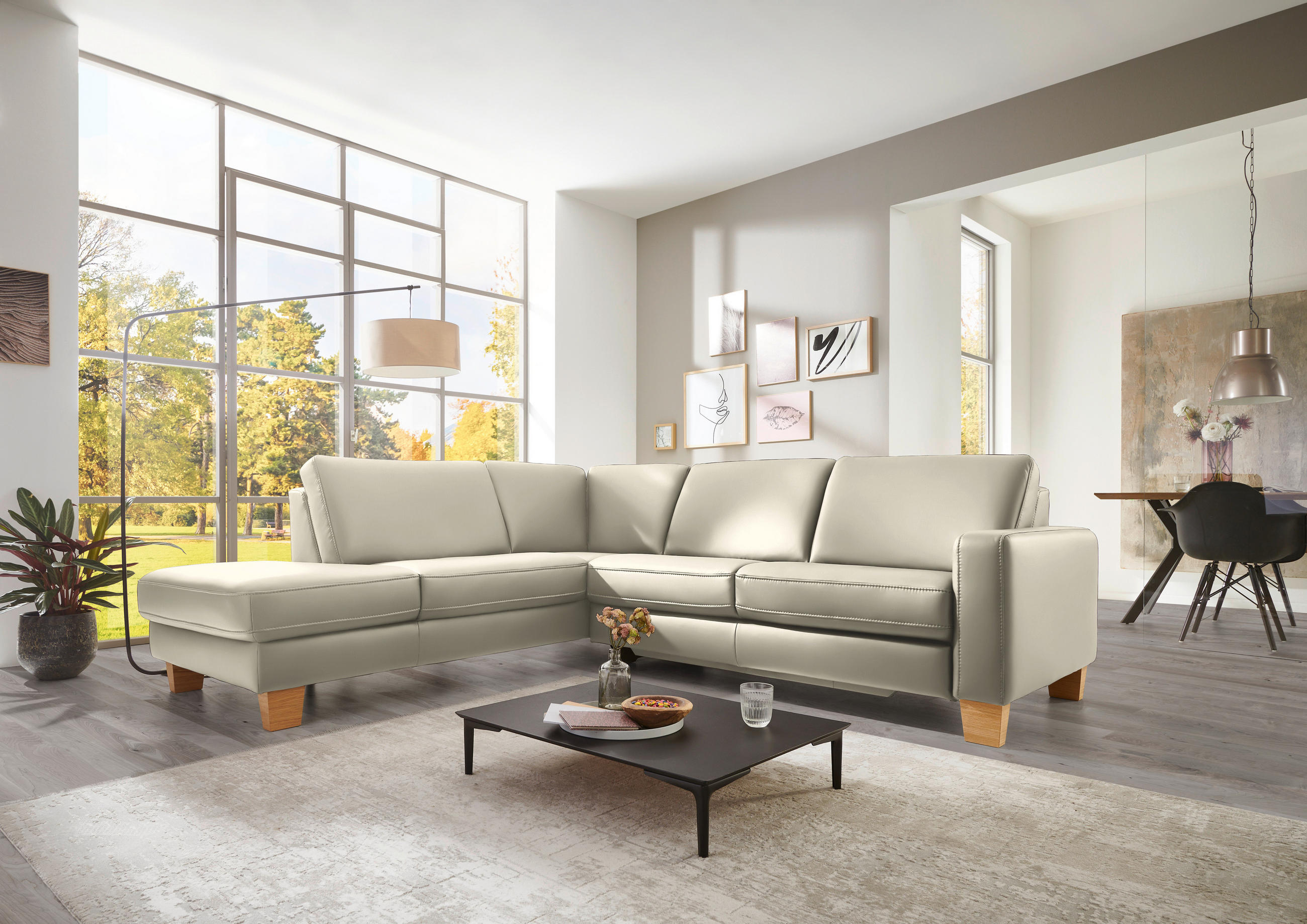 ECKSOFA in Echtleder Ecru  - Ecru/Eiche Bianco, Konventionell, Leder/Holz (235/257cm) - Valdera