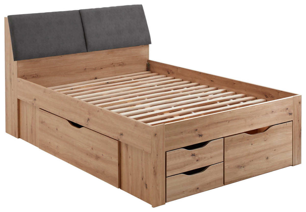 POSTELJA S PREDALOM 140 cm   x 200 cm  , hrast artisan  - siva/hrast artisan, Konvencionalno, leseni material/tekstil (237,5/145,6/103,8cm) - Carryhome