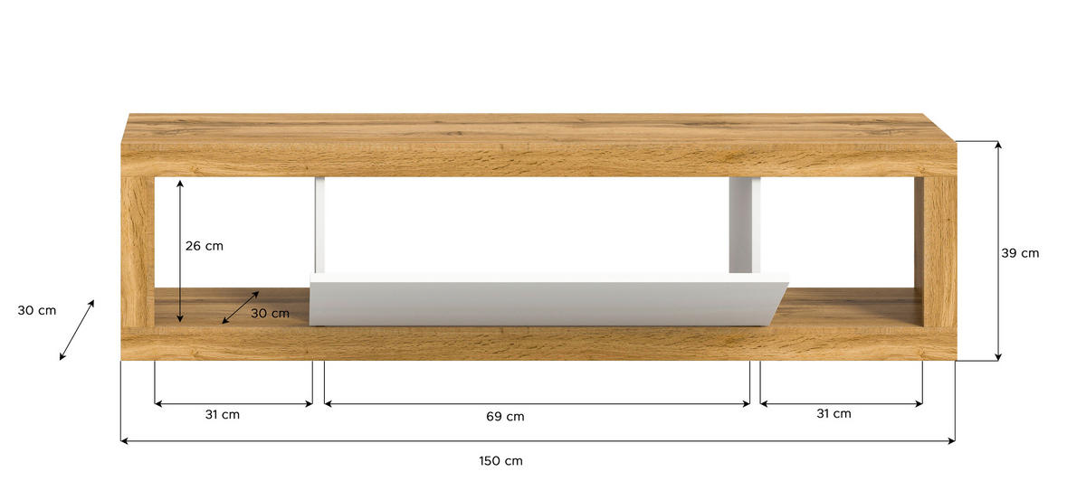 LOWBOARD  in 150/39/30 cm  - Eiche Wotan/Weiß, Design, Holzwerkstoff (150/39/30cm) - MID.YOU