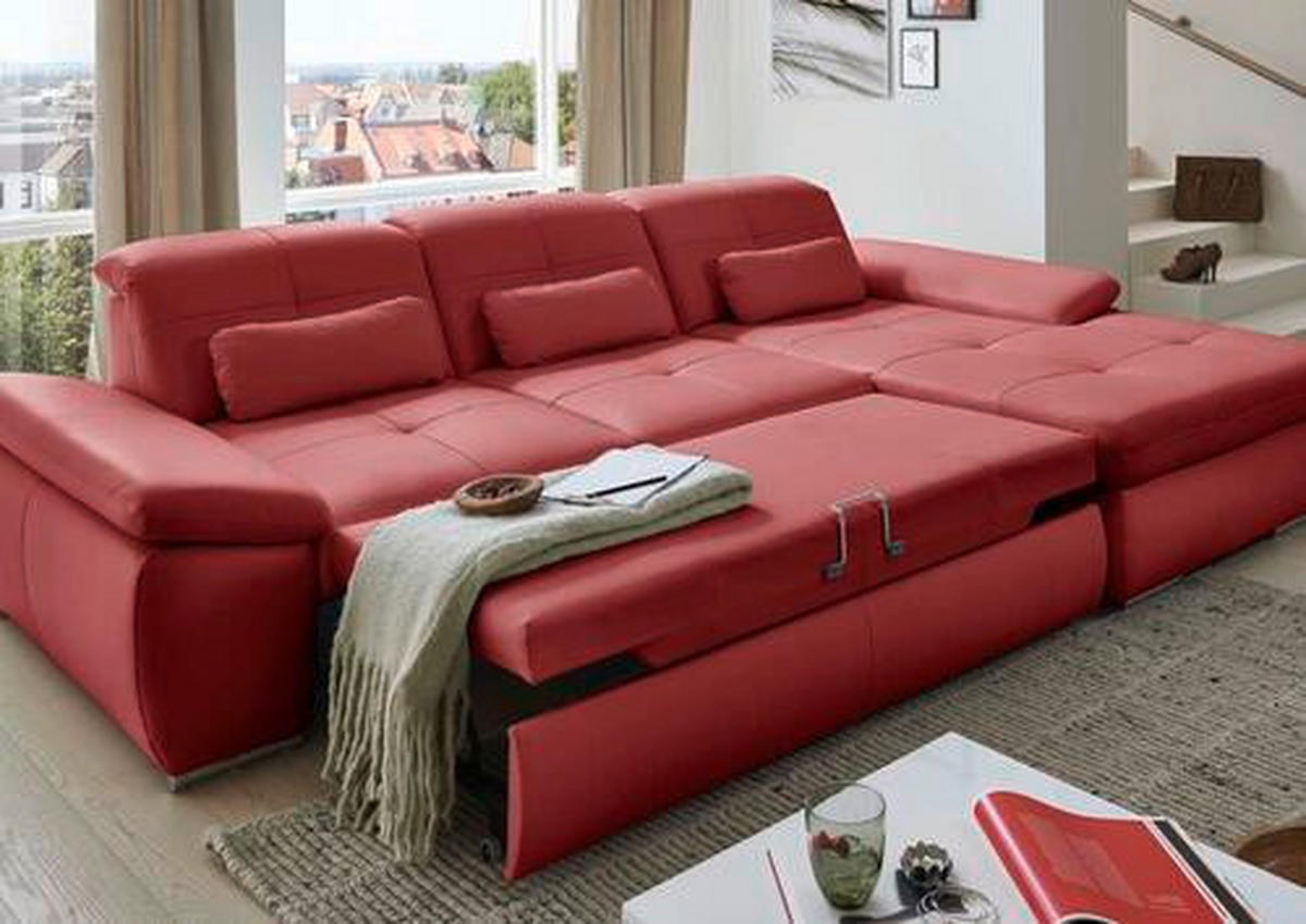 ECKSOFA in Echtleder Rot  - Edelstahlfarben/Rot, Design, Leder/Metall (321/195cm) - Beldomo Speed