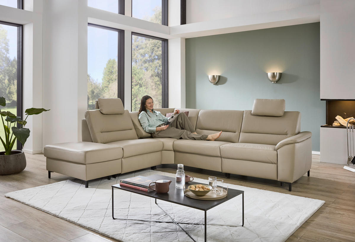 ECKSOFA in Echtleder Perlmutt  249/290 cm  - Perlmutt/Schwarz, KONVENTIONELL, Leder/Metall (249/290cm) - Beldomo Premium