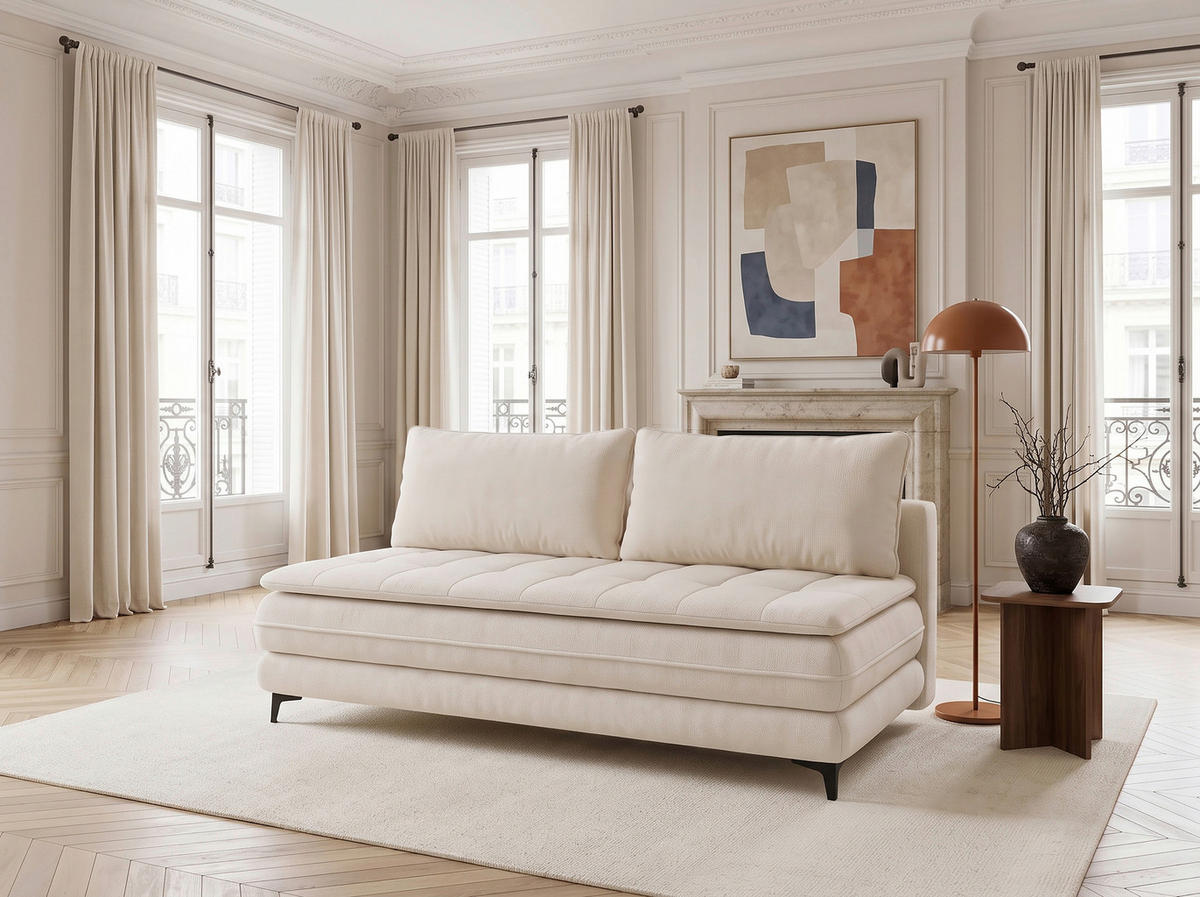 SCHLAFSOFA Chenille Creme  inkl. Bettkasten, Schlaffunktion, Topper  - Creme/Schwarz, Design, Textil/Metall (200/95/92cm) - Stylife