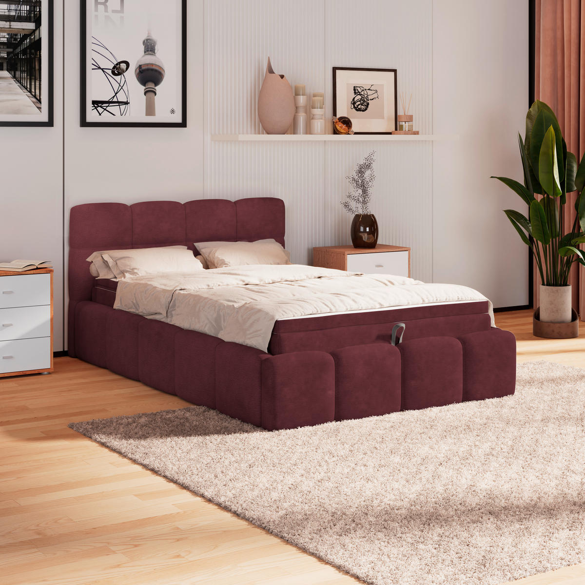 POLSTERBETT 140/200 cm,  in Bordeaux, Matratze, Bettkasten, H3 = fest  - Bordeaux/Schwarz, Trend, Kunststoff/Textil (140/200cm)