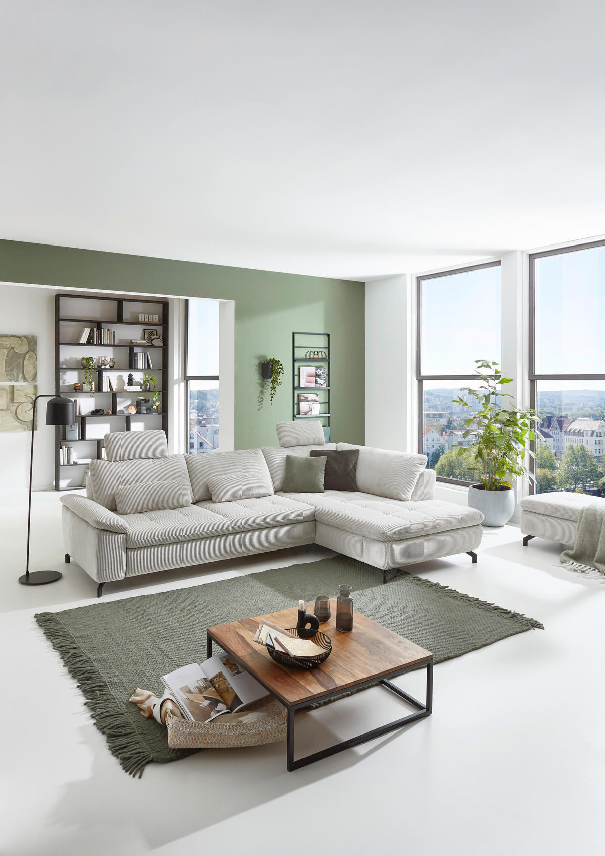 ECKSOFA in Cord, Velours Ecru  - Ecru/Schwarz, Design, Textil/Metall (197/291cm) - Beldomo Style