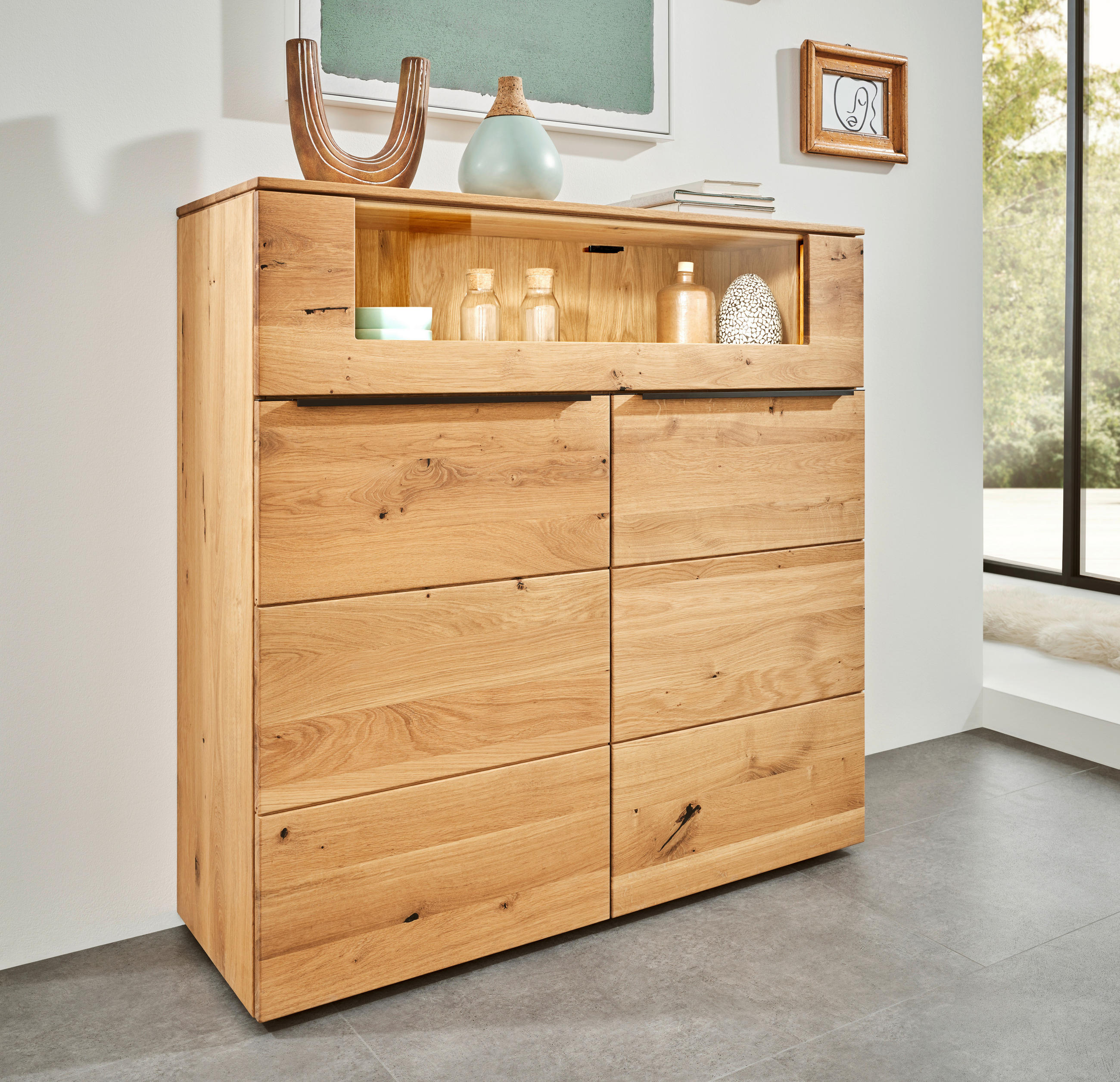 HIGHBOARD Eichefarben  120/119,3/39,5 cm  - Eichefarben/Schwarz, Natur, Glas/Holz (120/119,3/39,5cm) - Valnatura