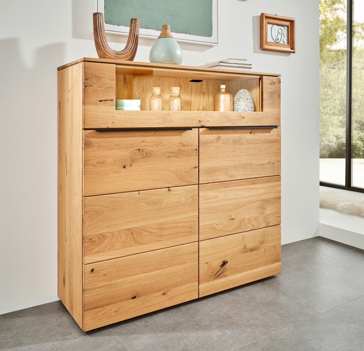 HIGHBOARD Eichefarben  120/119,3/39,5 cm  - Eichefarben/Schwarz, Natur, Glas/Holz (120/119,3/39,5cm) - Valnatura