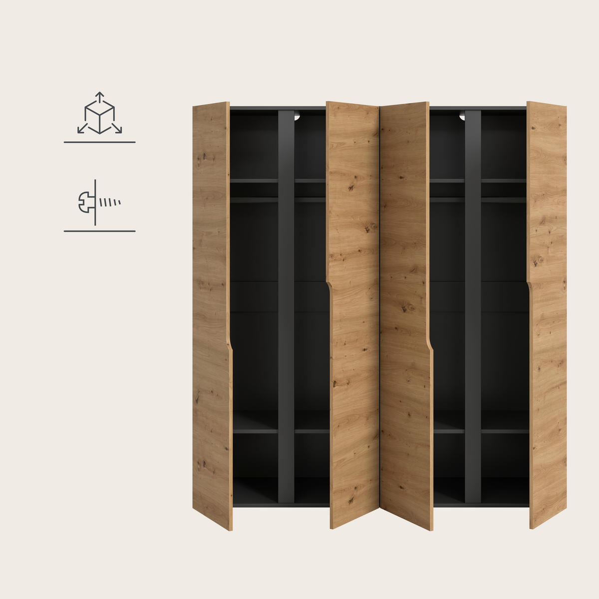 DREHTÜRENSCHRANK 160/180/51 cm,  in Anthrazit, Eiche Artisan, 4-türig  - Anthrazit/Eiche Artisan, MODERN, Holzwerkstoff (160/180/51cm) - MID.YOU