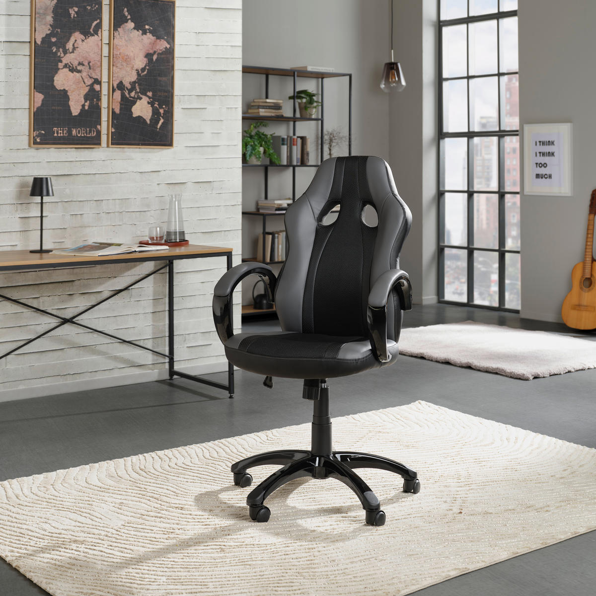 GAMING STOL kovina, umetna masa, tekstil črna, svetlo siva  - črna/siva, Moderno, kovina/umetna masa (61/111/70cm) - MID.YOU