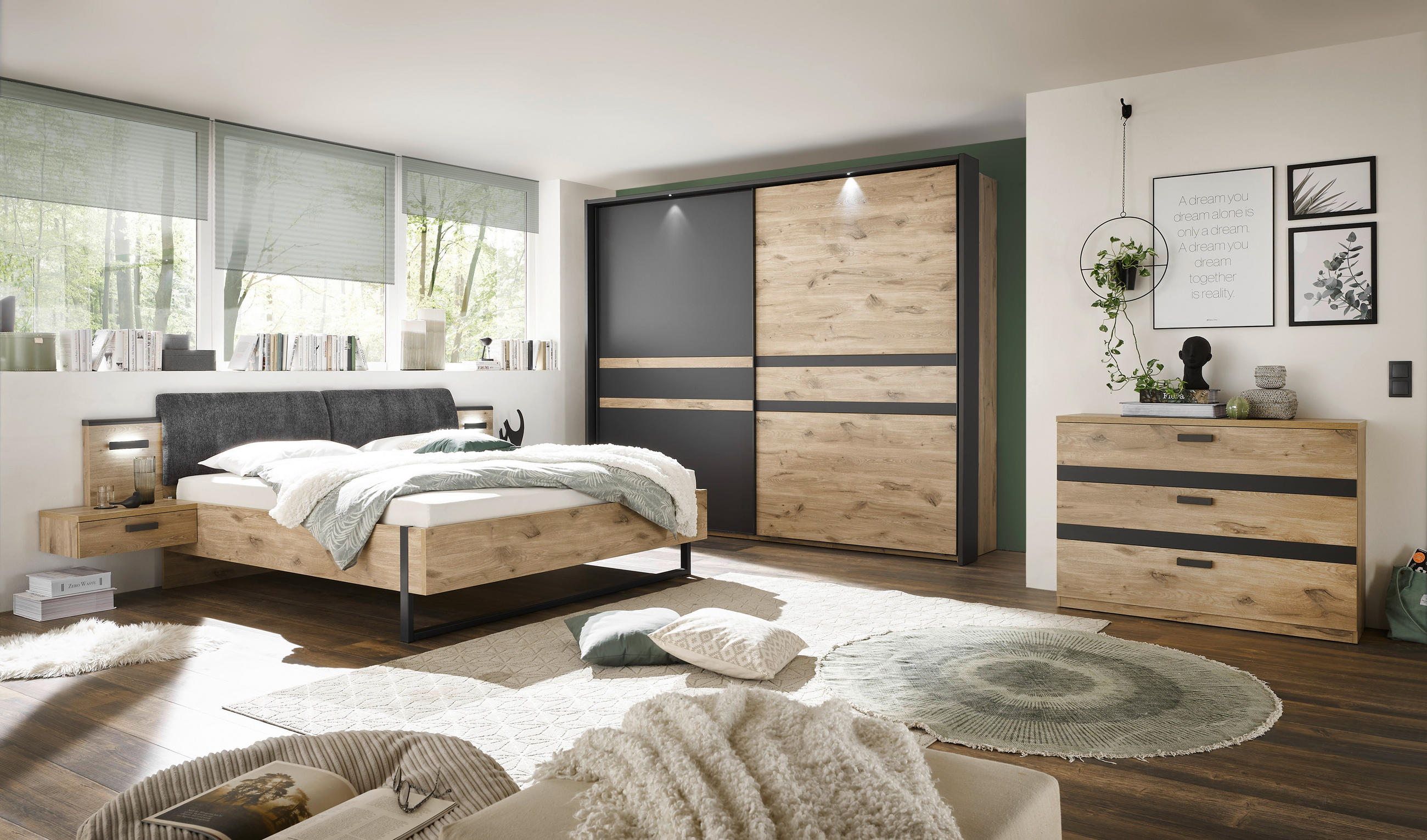 SCHWEBETÜRENSCHRANK in Graphitfarben, Eichefarben  - Eichefarben/Graphitfarben, Design, Holzwerkstoff/Metall (270/228/60cm) - Xora