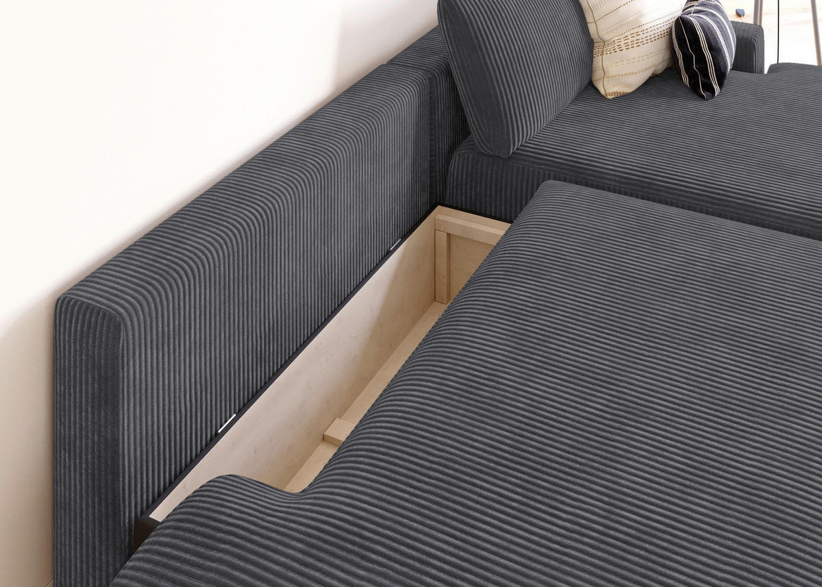 ECKSCHLAFSOFA  mit Schlafen auf Sitzhöhe, Rücken echt, Armteil rechts Cord Anthrazit  - Anthrazit/Schwarz, MODERN, Kunststoff/Textil (253/167cm) - Trendmanufaktur